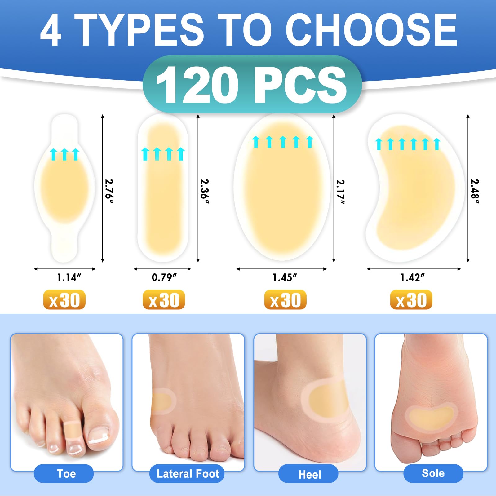 Arme Hydrocolloid Bandages, 120Pcs Gel Blister Bandages for Feet, Waterproof Blister Pads Blister for Prevention & Recovery, Bli