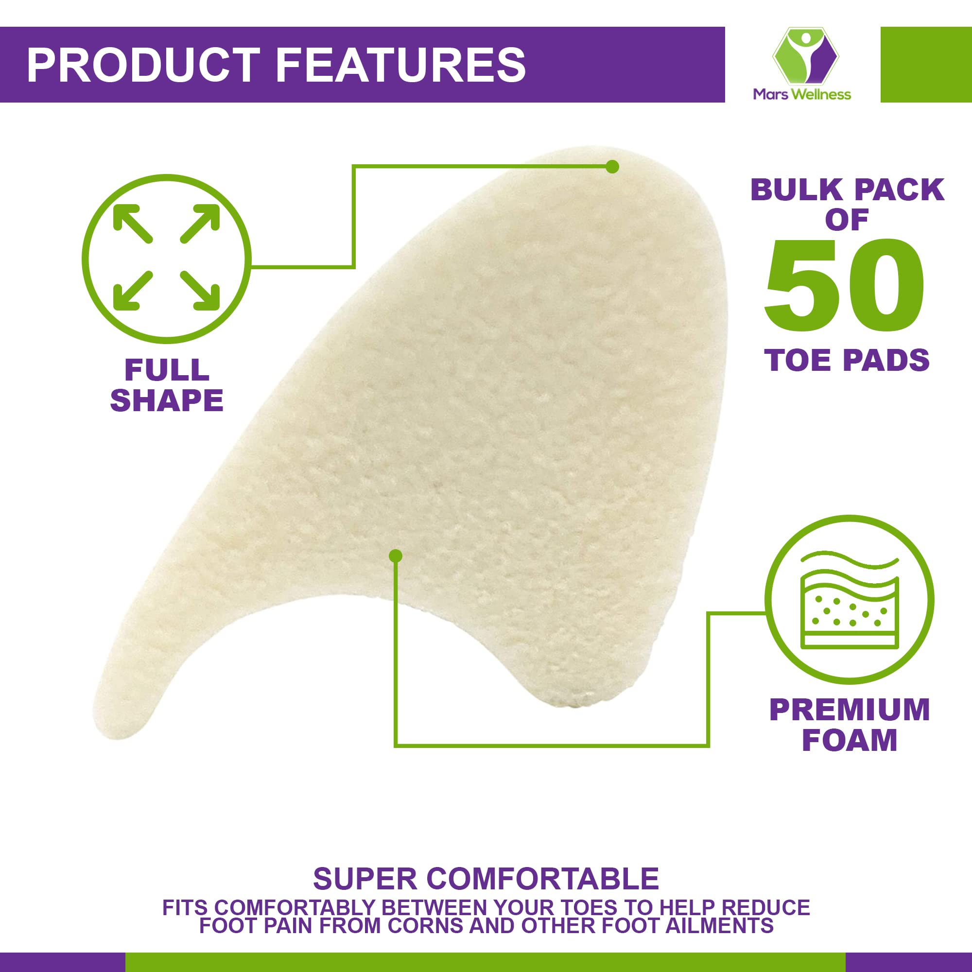 Mars Wellness Full Foam Toe Separators - Toe Spacers for Corn, Blisters, and Hammer Toe Relief - 1/4 Inch - Bulk Pack of 50 Toe