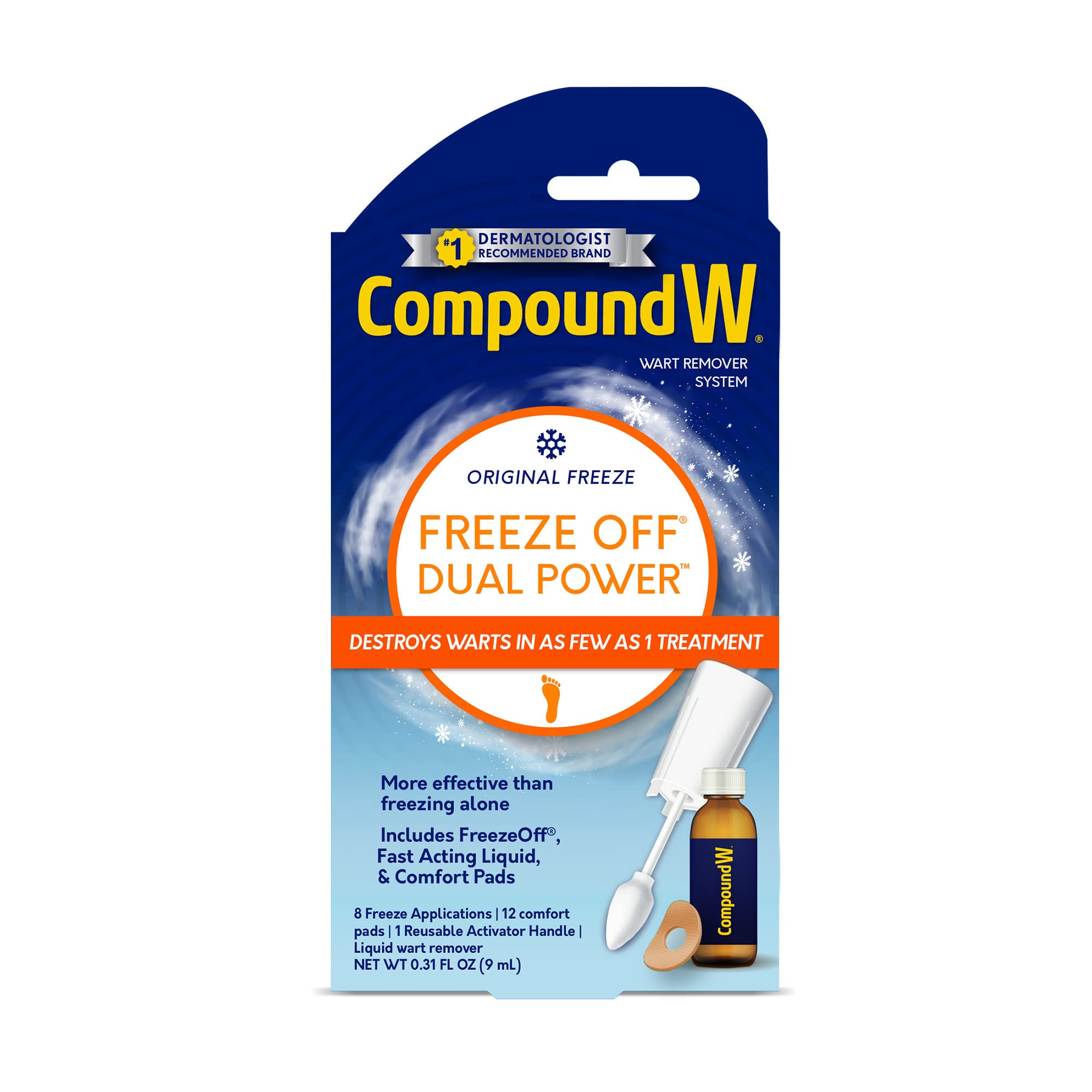 Compound W Dual Power for Large Warts, Freeze Off & Liquid Wart Remover, 8 Freeze Applications and 12 Comfort Pads