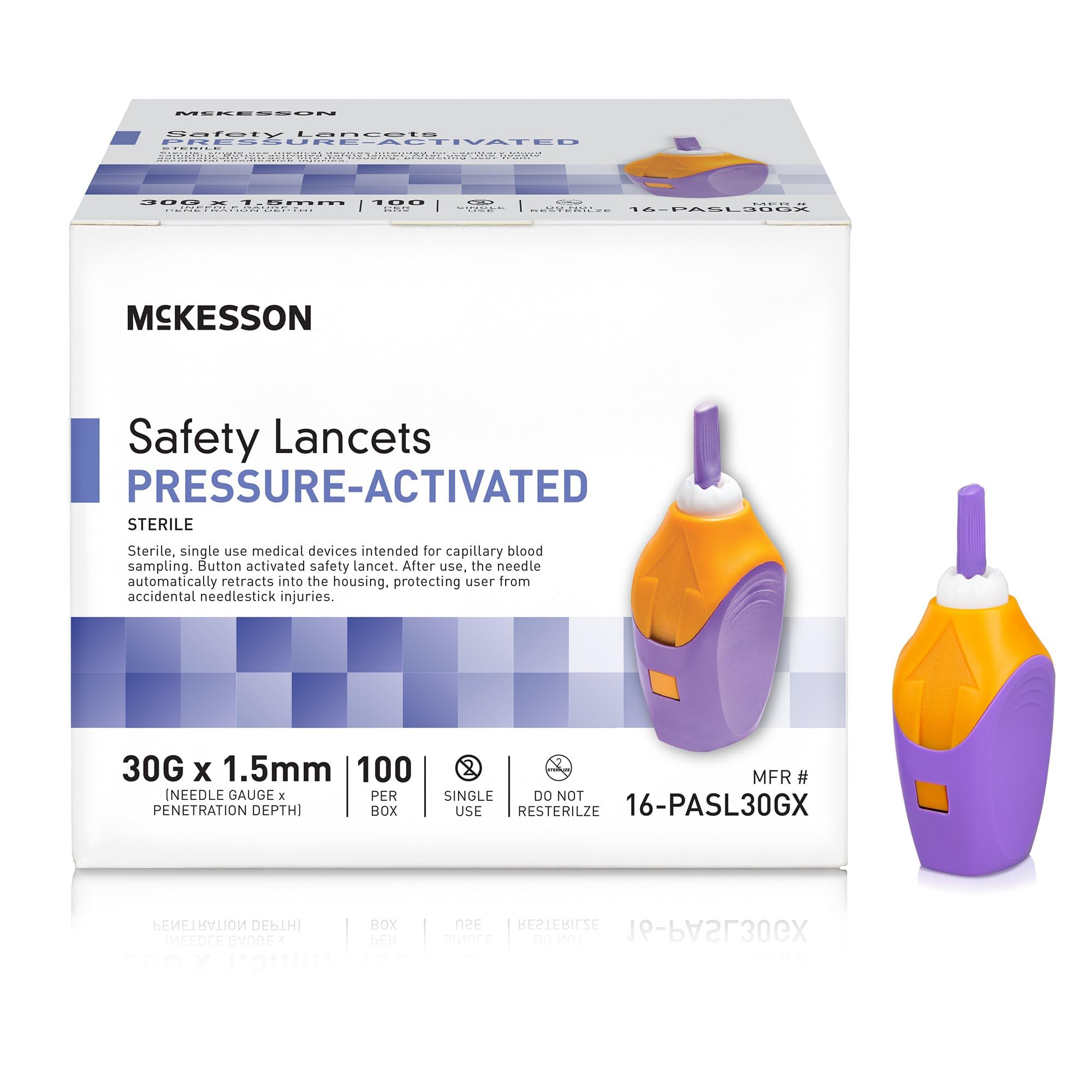McKesson Safety Lancet, Retractable, Pressure-Activated Finger Device, Sterile - Ideal for Blood Testing - Single Use, 30 Gauge,