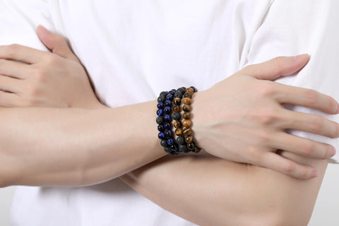 XIANNVXI Blue Crystal Bead Bracelet for Mens 4PC 8mm Natural Stone Beads Bracelets Set Tiger Eye Blue Black Crystal Stretch Bead