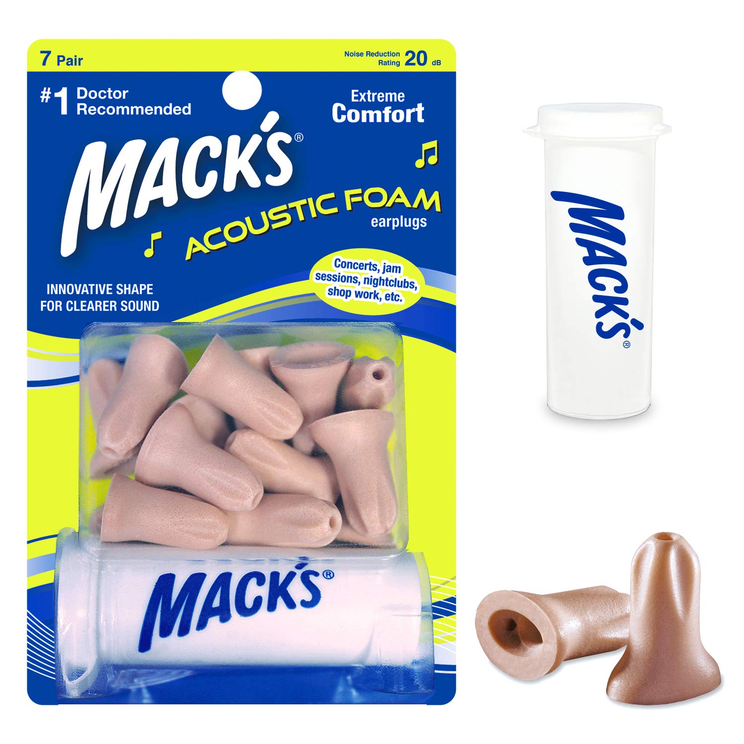 Macks Acoustic Foam Earplugs, 7 Pair with Travel Case - Soft, Comfortable Ear Plugs for Concerts, Jam Sessions, Nightclubs and L