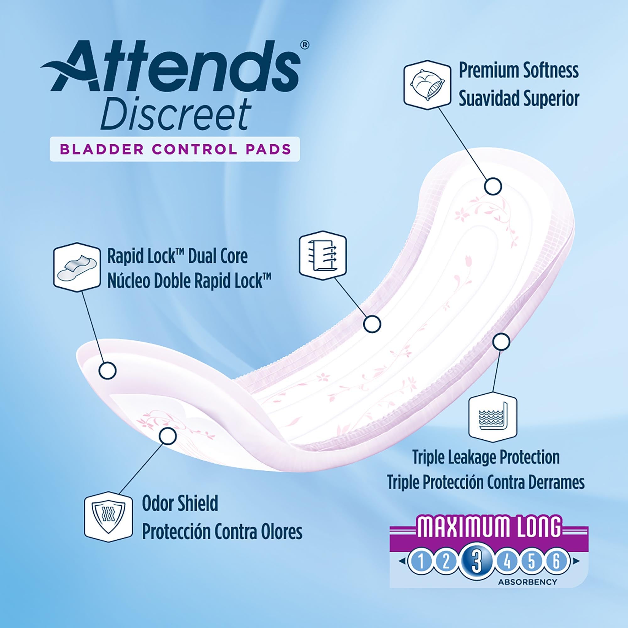 Attends Discreet Bladder Control Pads, Maximum Absorbency, One Size Fits Most, 14 1/2 in
