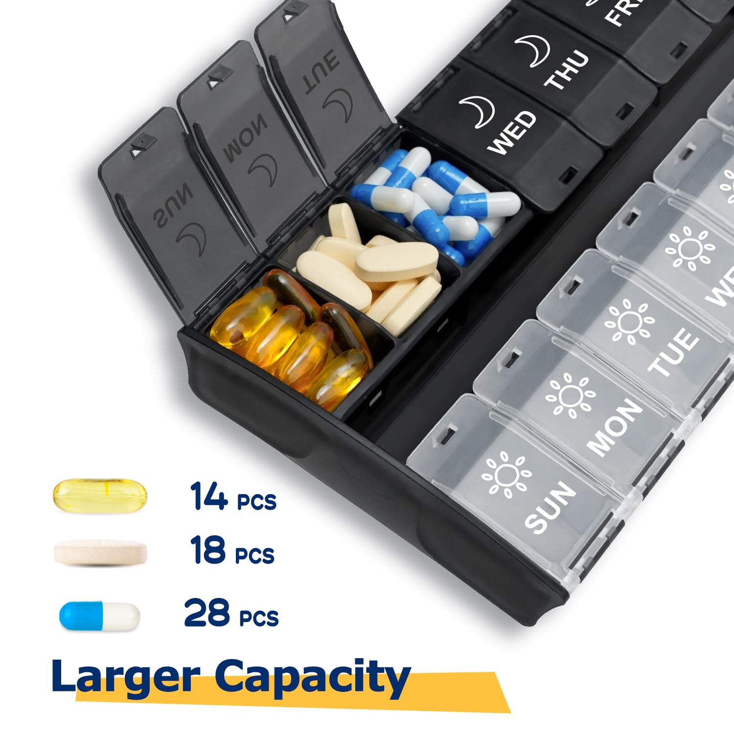 XL Large Pill Organizer 2 Times a Day, Weekly Am Pm Pill Box with Hinged Lids, 7 Day Medicine Vitamin Pill Case, Daily Pill Cont