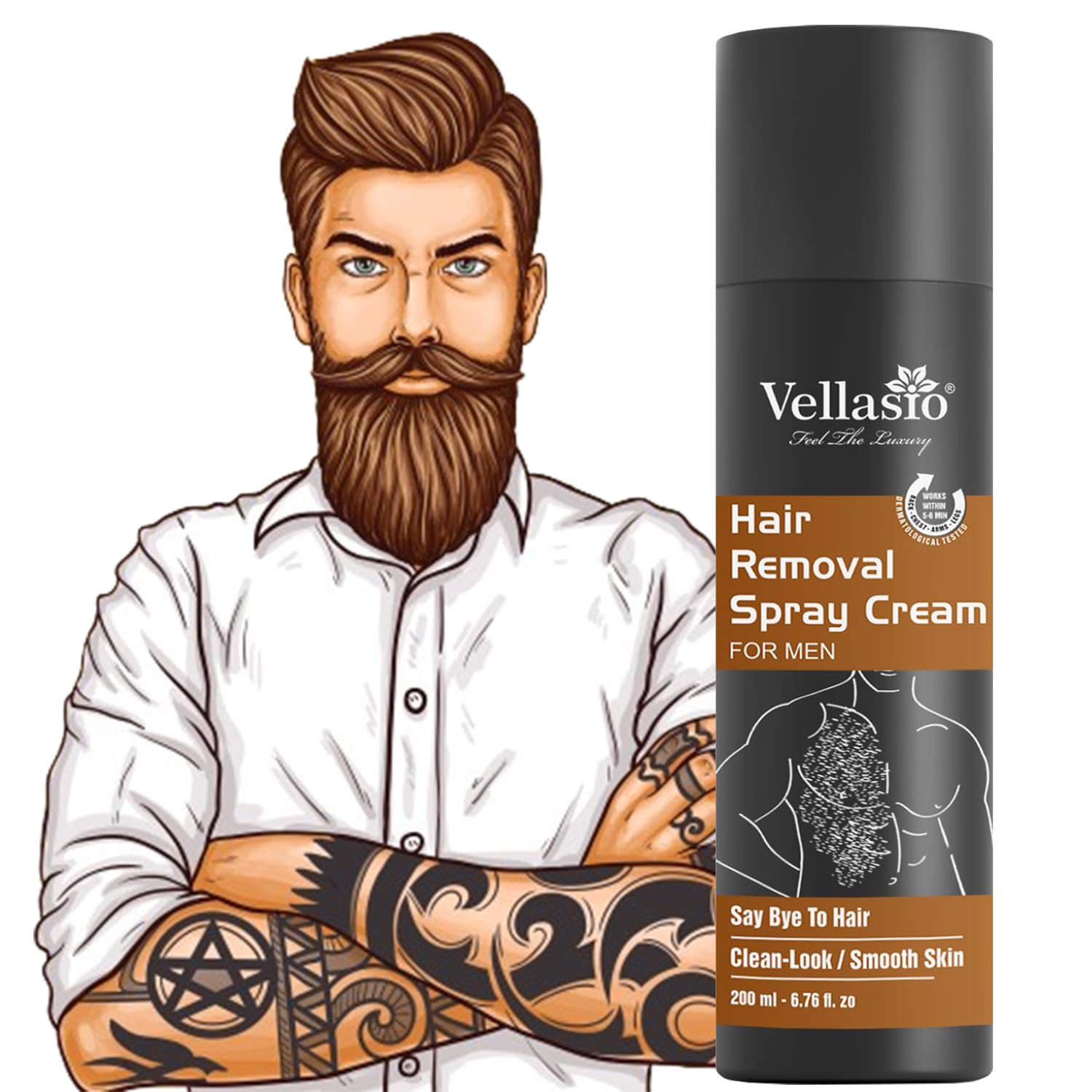 Vellasio Painless Hair Removal Spray Cream For Men  Chest, Back, Legs & Underarms, 200Ml. Smooth Skin, Easy Application, Nouris