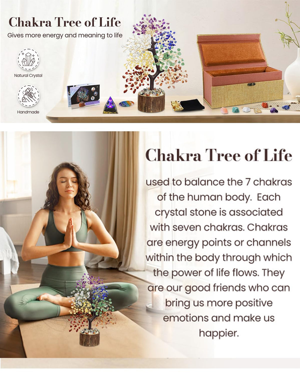 7 Chakra Crystal Tree of Life with Orgonite Pyramid (Set 2) - Unique Birthday Gifts for Women, Christmas Gifts, Chakra Healing T