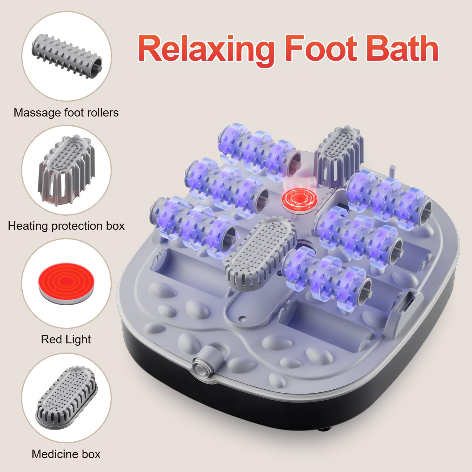 GEHONA Collapsible Foot Spa Bath with Heat,Foot Massager with Two Side Supports,Leakage Protector,Temperature Control,Bubbles,Re
