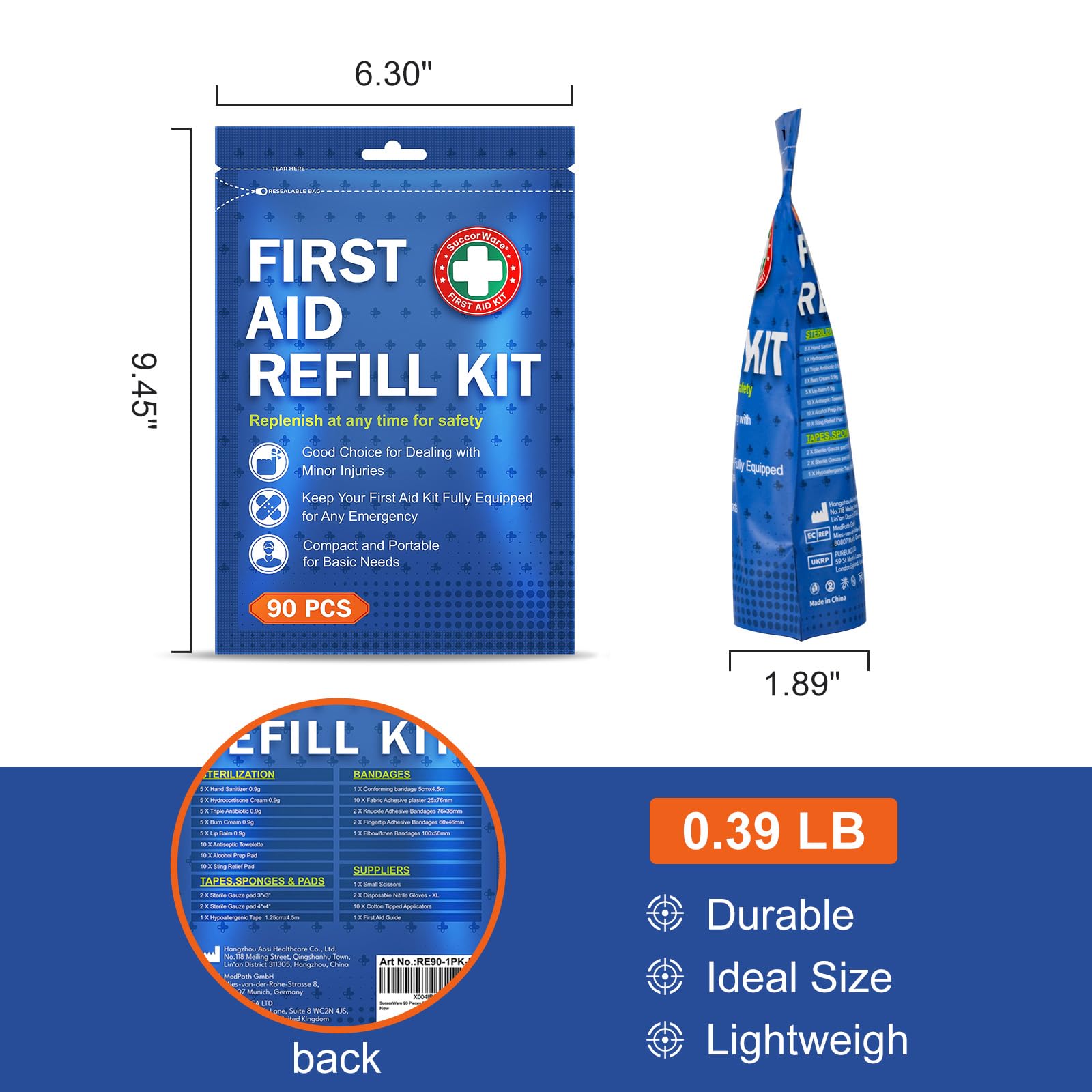 SuccorWare 90 Pieces First Aid Refill Kit - Wound Care Kit Includes Bandages for Home, Travel, Hiking - Portable Replacement Kit