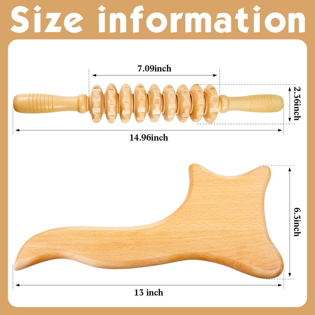 2 Pcs Wood Massage Tools Gua Sha Board 14.96x2.36+13x6.3 Inches Handheld Wooden Scraper Massage Rollers Large Lymphatic Drainage