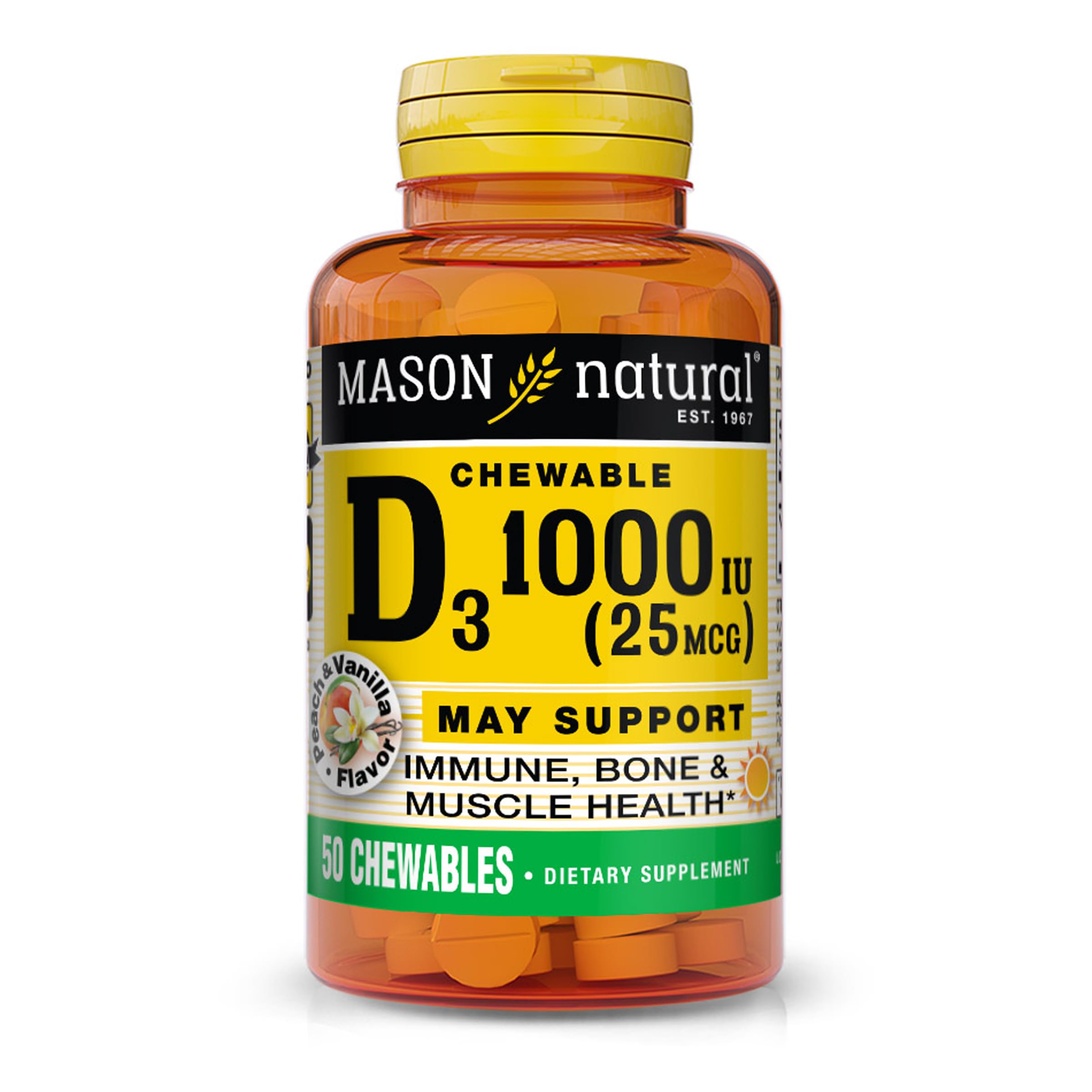Mason Natural Vitamin D3 1000 Iu (25 Mcg), Peach Vanilla Chewable Tablets For Adults & Kids To Support Muscle Function, 50-Day S