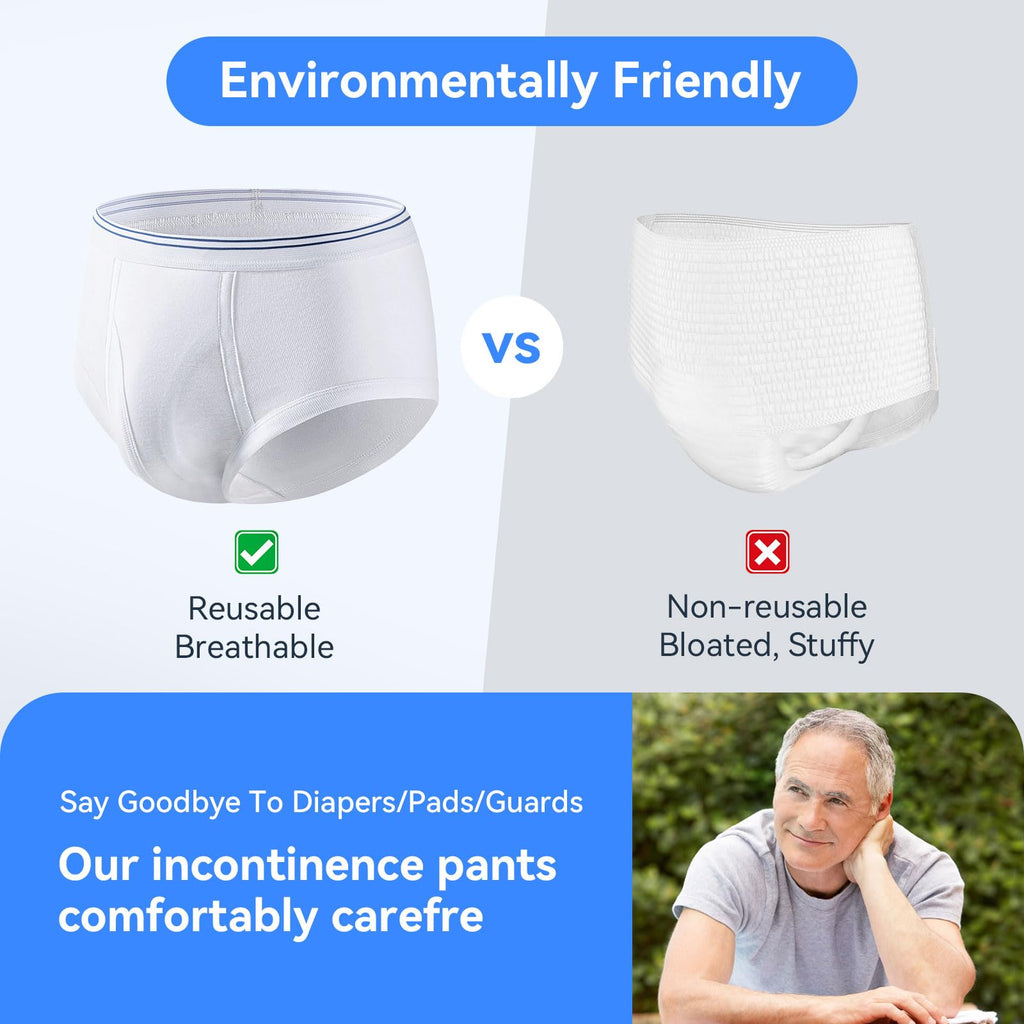 Mens Incontinence Briefs 3-Packs Mens Incontinence Underwear Cotton Washable Reusable Incontinence Underwear for Men, Built in C