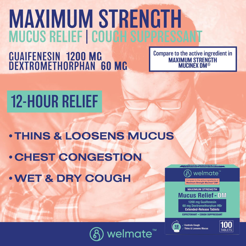 WELMATE Maximum Strength Mucus Relief DM - 1200mg Guaifenesin & 60mg DXM, 12-Hr Cough Suppressant & Expectorant, Bi-Layer Tablet