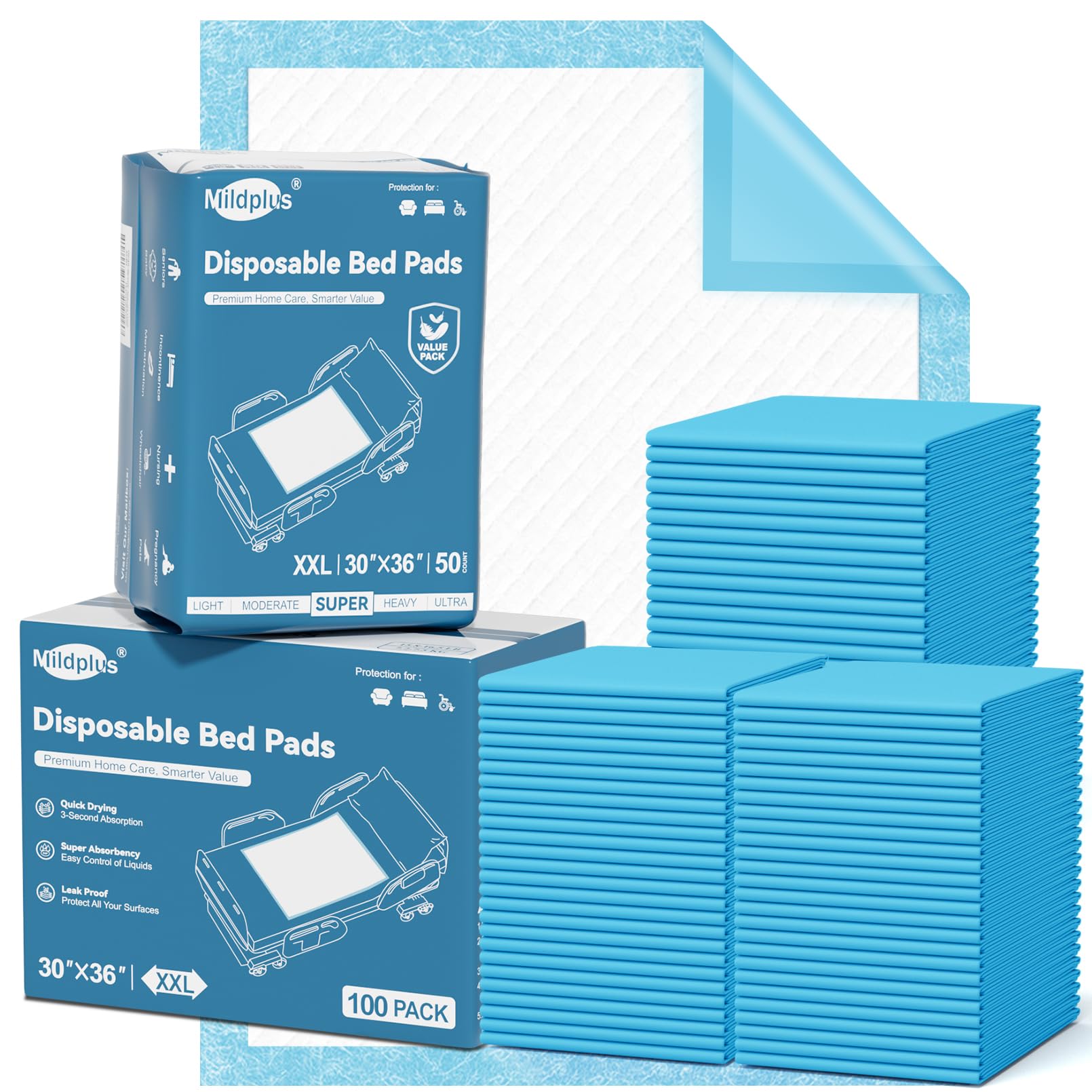 100 Count Disposable Bed Pads 30X36 MILDPLUS Super Absorbent Underpads, Disposable Extra Large Chucks Pads, Incontinence Pad