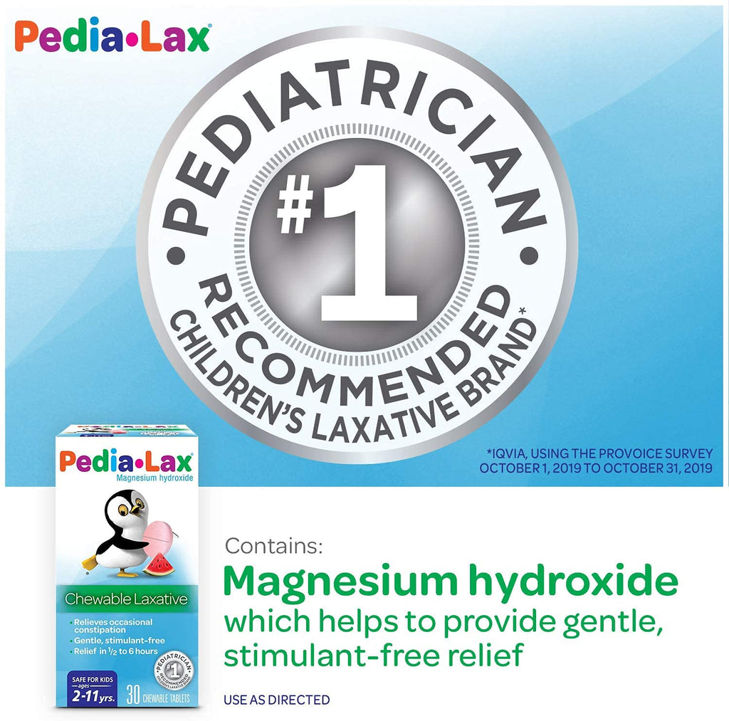 Pedia-Lax Laxative Chewable Tablets for Kids, Ages 2-11, Watermelon Flavor, 30 Count, Pack of 3