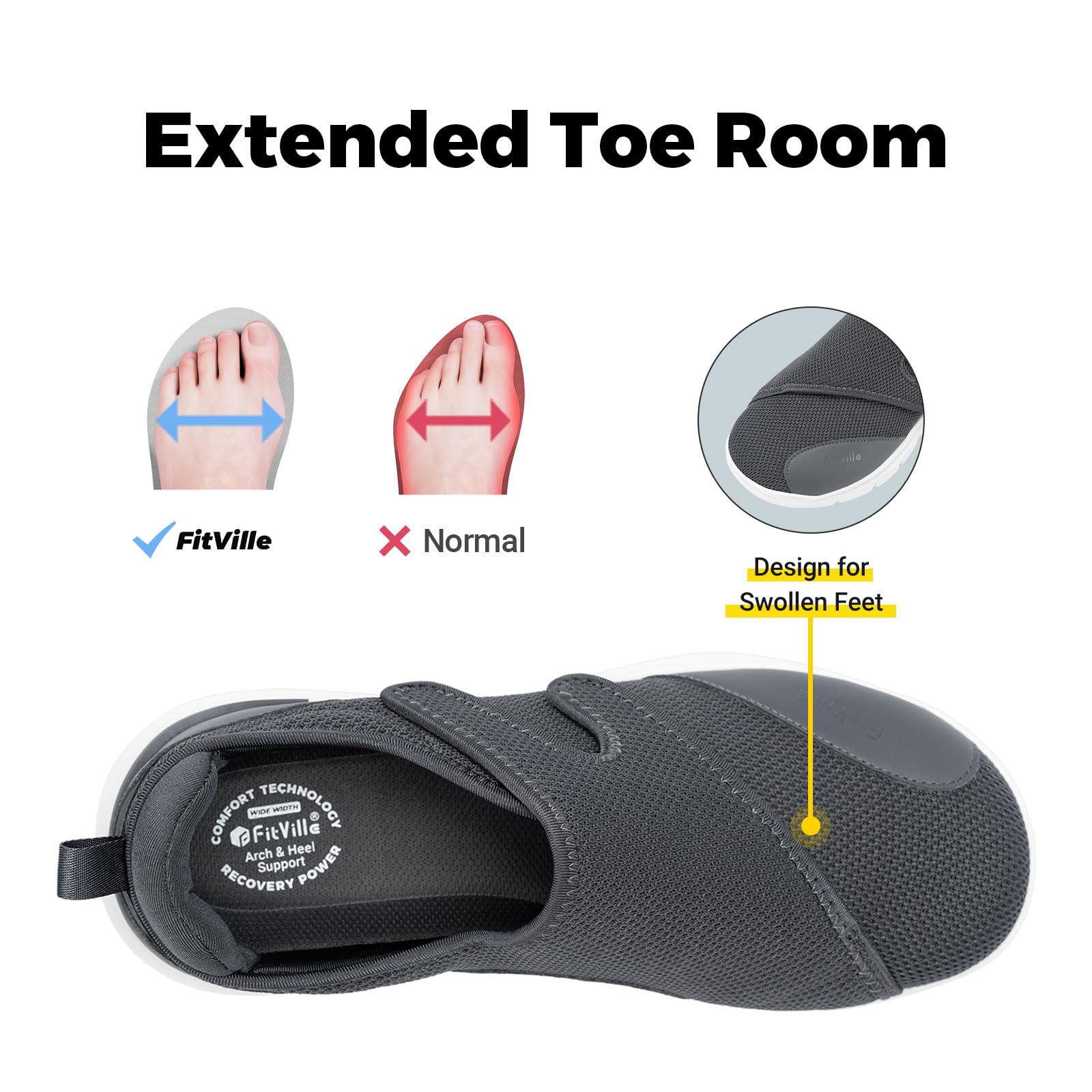 FitVille Diabetic Shoes for Men Extra Wide Width Orthopedic Slip-on Shoes Adjustable Closure Walking Sneakers with Arch Support