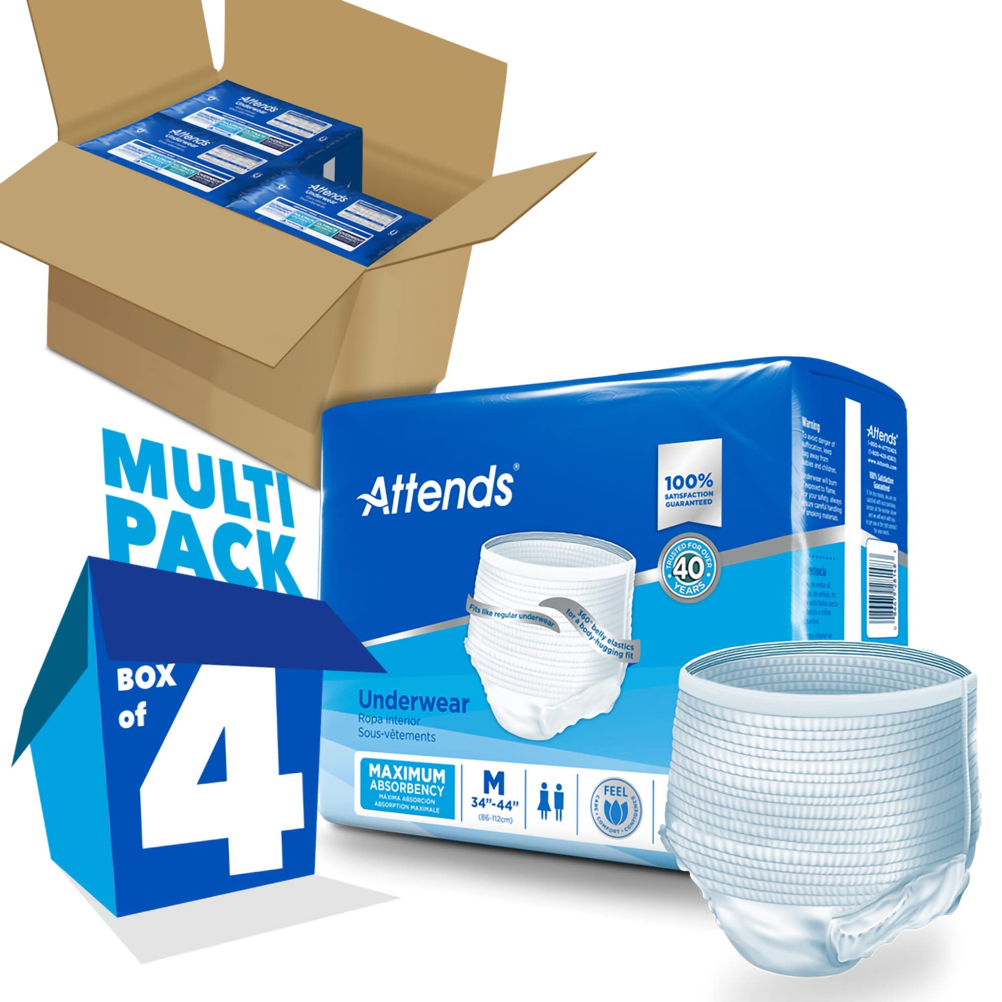 Attends Protective Underwear with DermaDry Technology for Adults Incontinence Care, Medium, Unisex, White, 80 Count, Pack of 4
