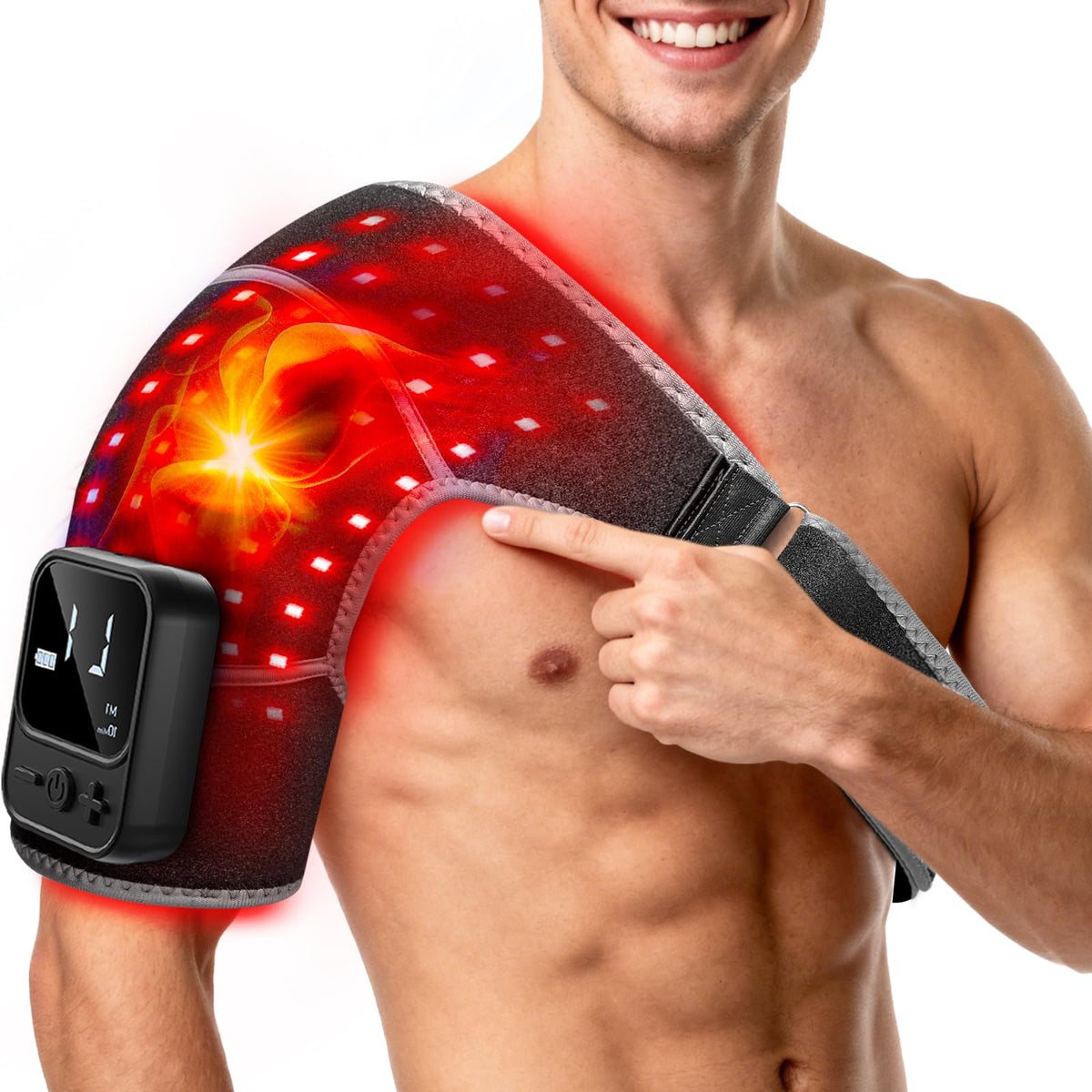 Red Light Therapy for Shoulder with Heat & Massage 5000mAh Cordless NearInfrared Light Therapy Wrap, 216 Beads 660nm & 850nm Sh
