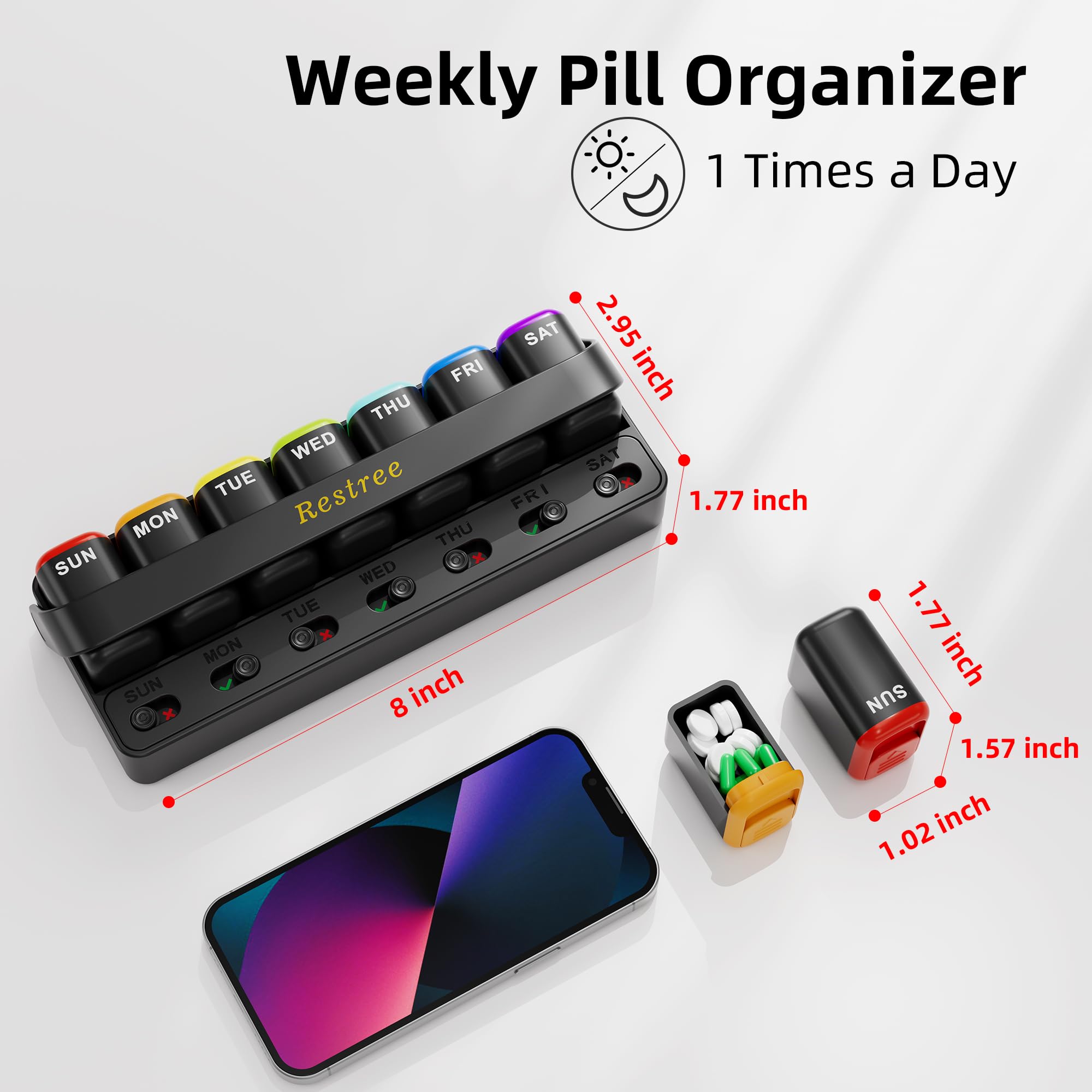 Restree Weekly Pill Organizer - One Time a Day, 7 Day Travel Pill Case, Daily Medicine Organizer, Portable Pill Box for Vitamins