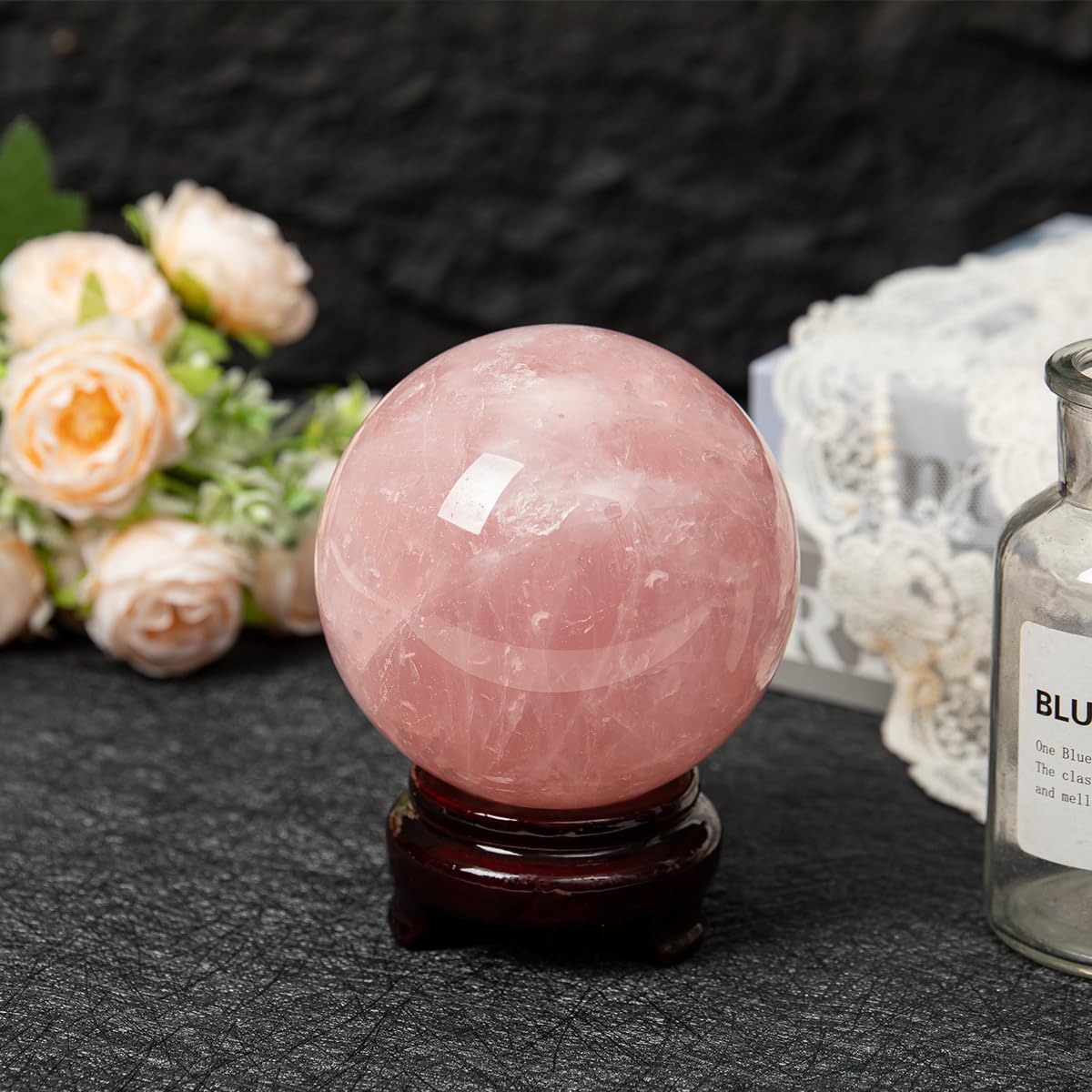 MOGEMT Large Rose Quartz Crystal Sphere Natural Pink Healing Crystal Ball with Stand Meditation Decorative Balls Home Decor 100-