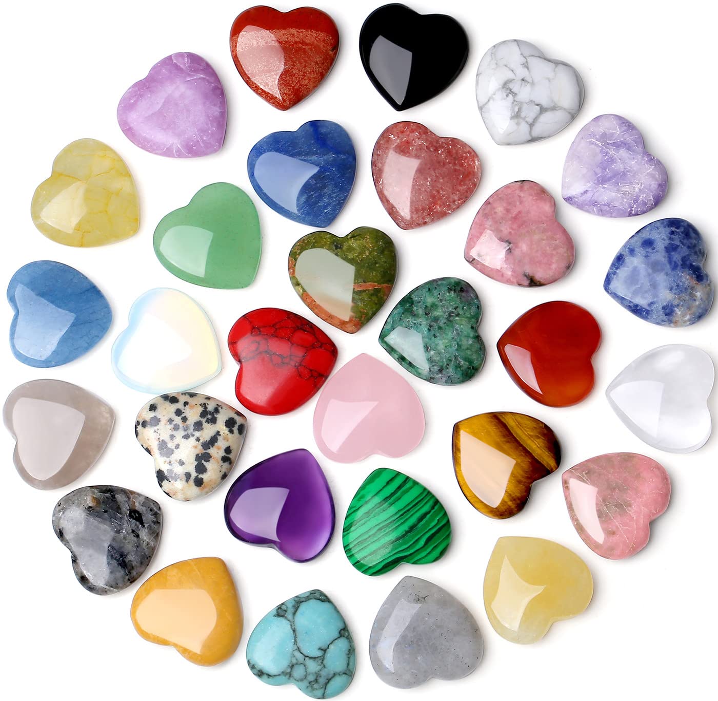 QINJIEJIE 30PCS Heart Crystals Healing Crystal Palm Natural Stones Polished Gemstones Amethyst Malachite Rose Quartz Assorted Se
