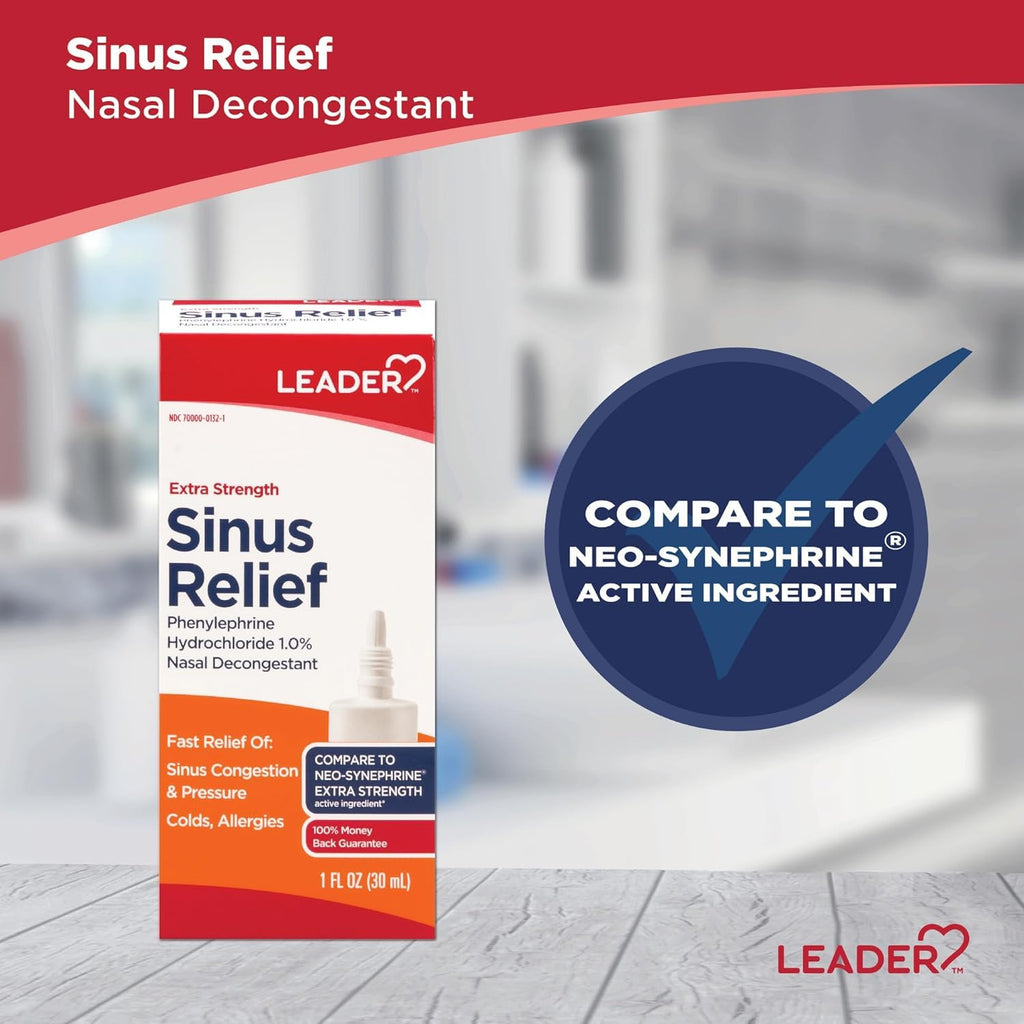 Leader Extra Strength Sinus Relief, Fast Acting, Sinus Decongestant, Nasal Congestion Relief Spray, Cold & Allergy 30 mL Bottle