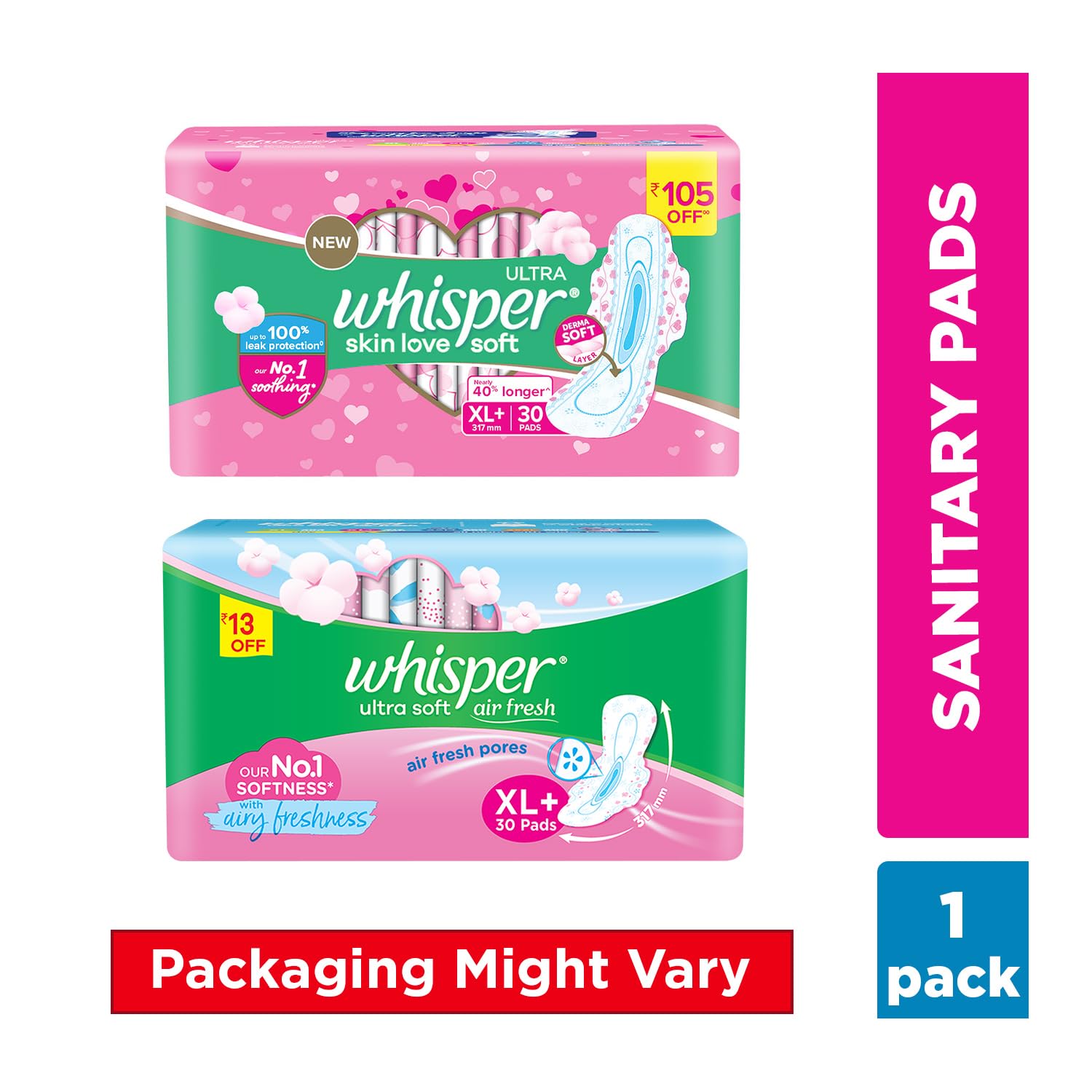 Whisper Ultra Soft Sanitary Pads - 30 Pieces (XL Plus)