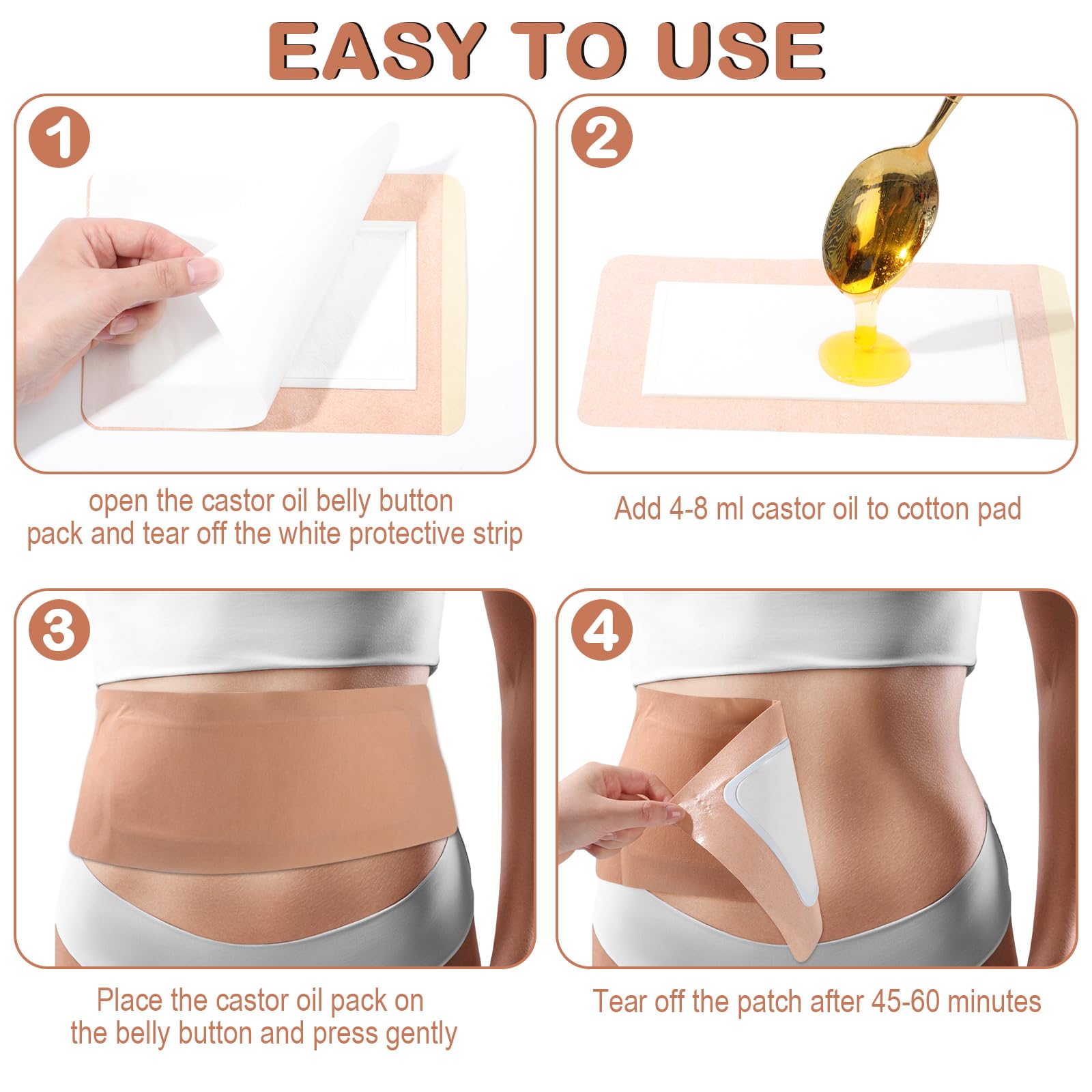 Geiserailie 120 Pcs Castor Oil Patches Kit Disposable Castor Oil Pack Wrap Self Adhesive Multi Size Pads for Neck Belly Waist St