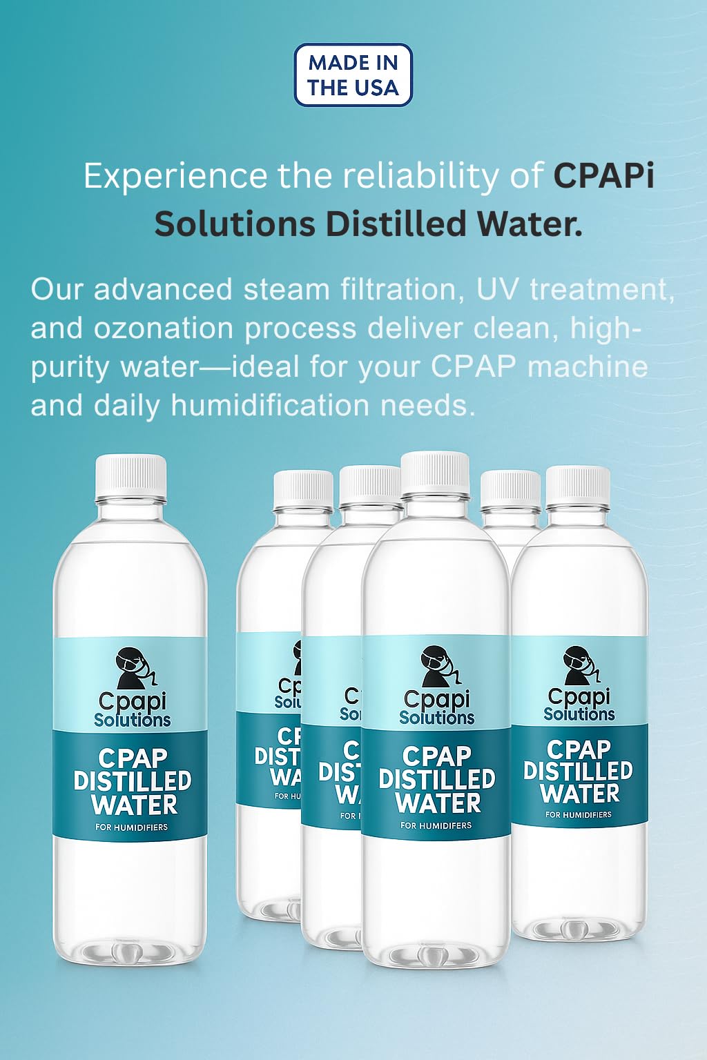 CPAPi Solutions Distilled Water CPAP - 6-Pack Travel Bottles (20 oz) - Steam Purified, Ozonated & Filtered - Made in USA - For A
