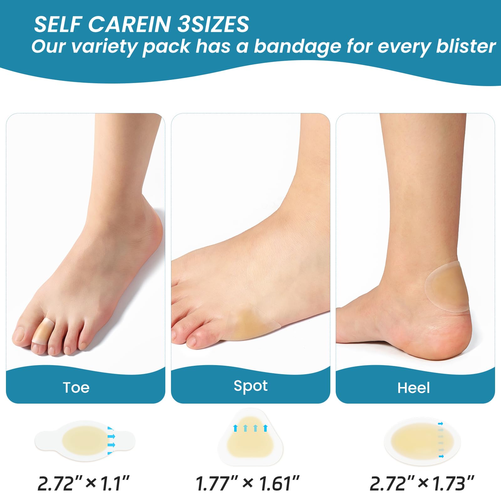Blister Bandages for Feet, Gel Blister Cushions - 24Pcs Water Resistant Hydrocolloid Bandages for Heel, Toe & Foot - Blister Pad