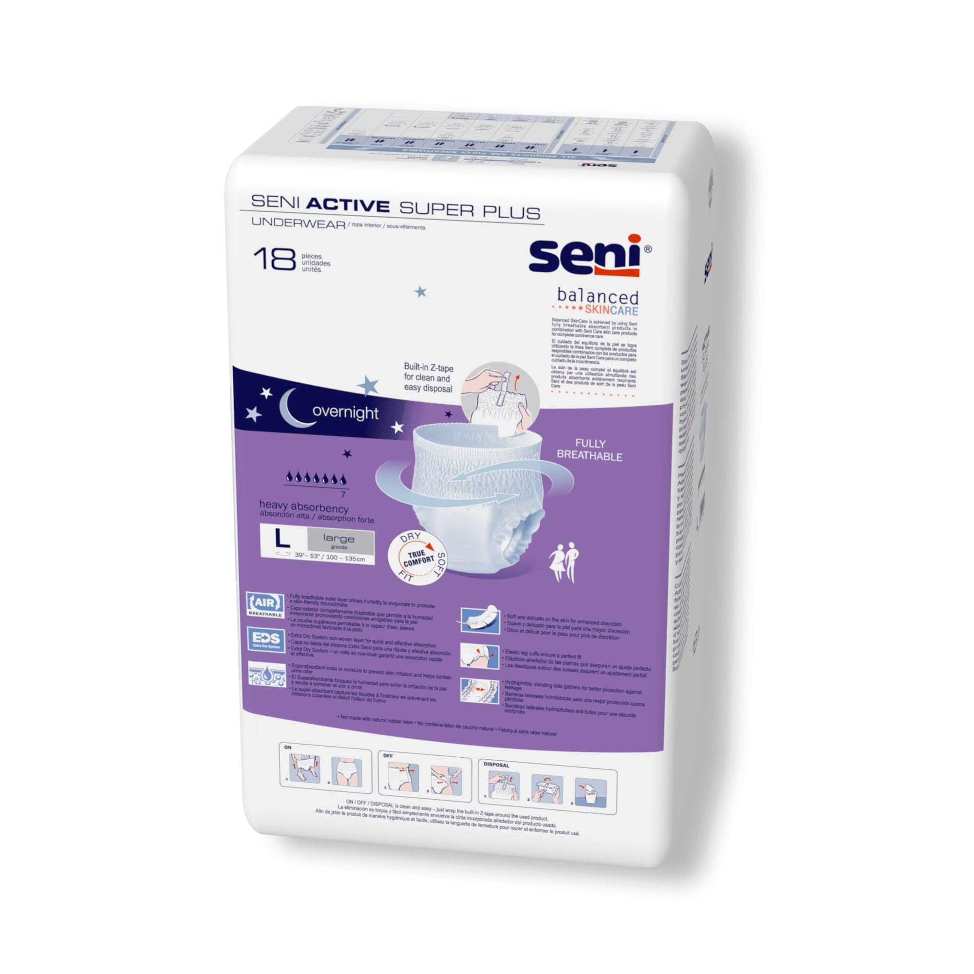 Seni Active Super Plus, Underwear for Heavy Incontinence, Large, 18 Count (Pack of 4)