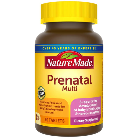 Nature Made Prenatal Multi, 90 Tablets, Folic Acid + 17 Prenatal Vitamins & Minerals to Support Baby Development and Mom, Vitami