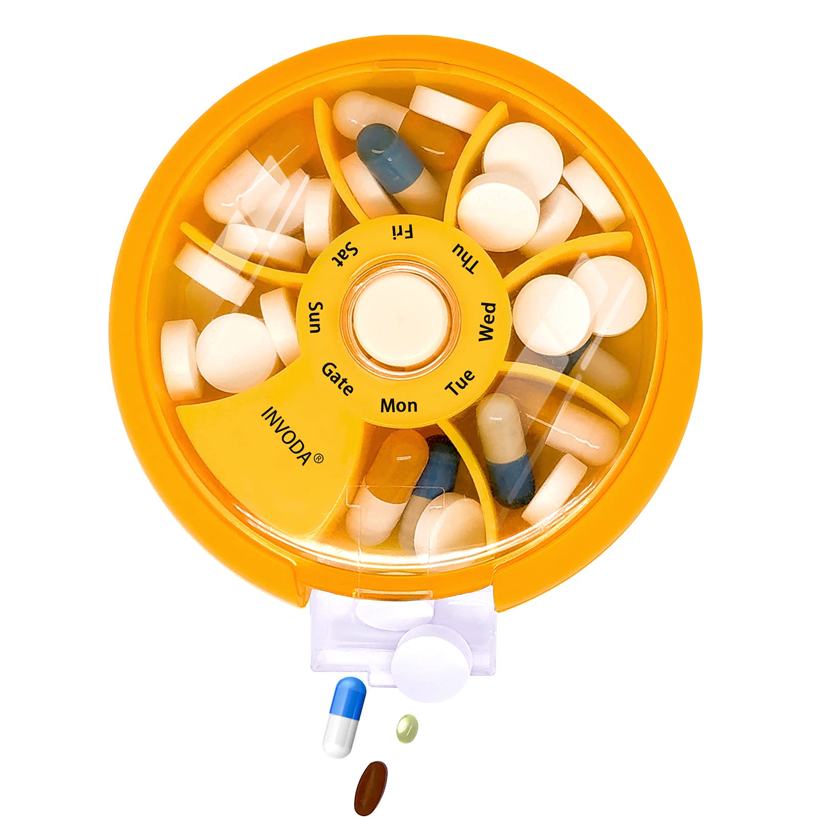 Pill Organizer Travel Pill Cases Weekly Cute Round Pill Box Purse Pill Container Portable Small Medicine Organizer (Orange+Bag)