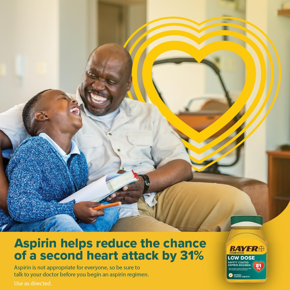 Bayer Aspirin Low Dose 81 mg, Enteric Coated Tablets, Doctor Recommended, Secondary Prevention of Cardiovascular Disease, 300 Sa