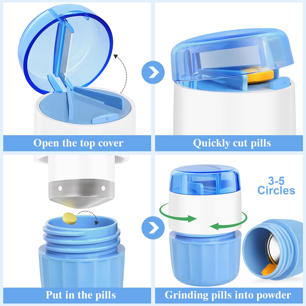 3-in-1 Pill Crusher Cutter with Storage Box, Pill Grinder with Brush Small Bags, PillCrusher Fine Powder with Stainless Steel Gr