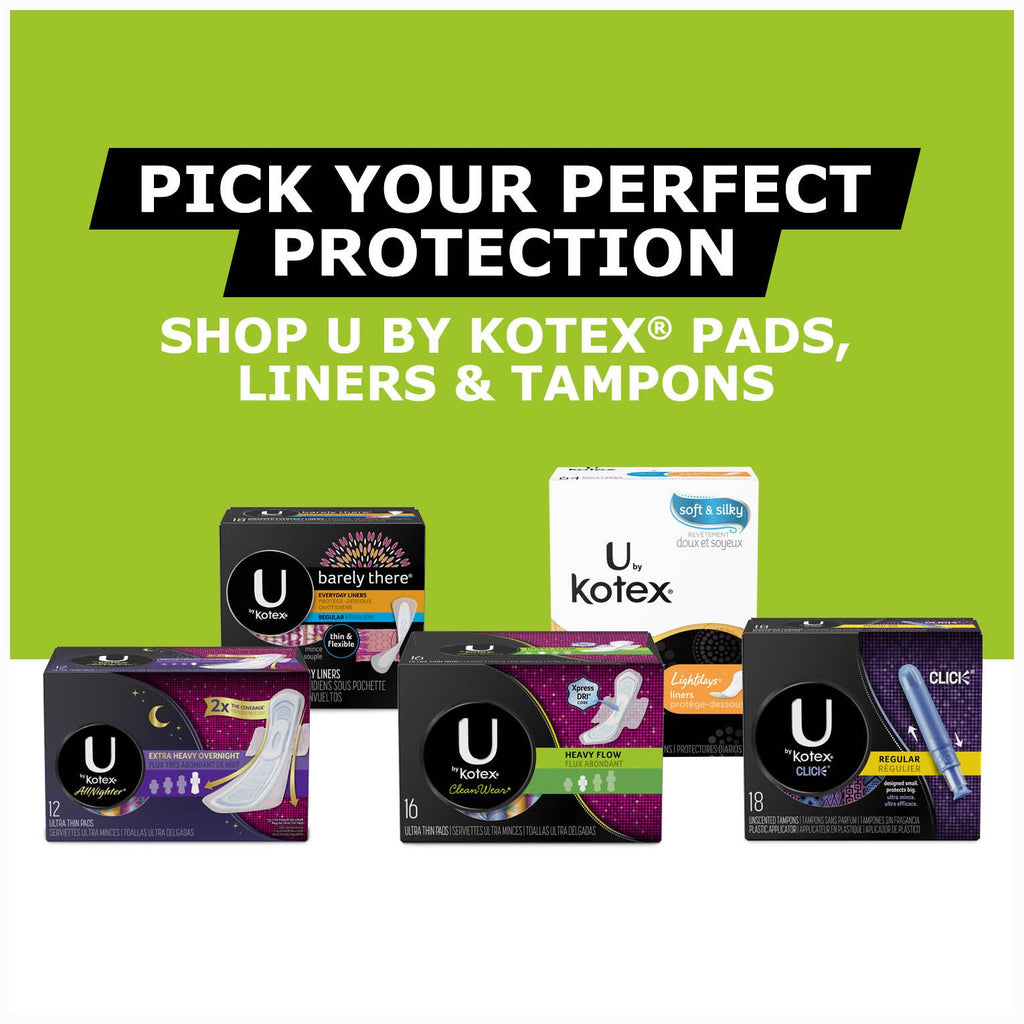 U by Kotex CleanWear Ultra Thin Pads with Wings, Heavy Flow, Fragrance-Free, 6 Packs of 16 (96 Pads Total)