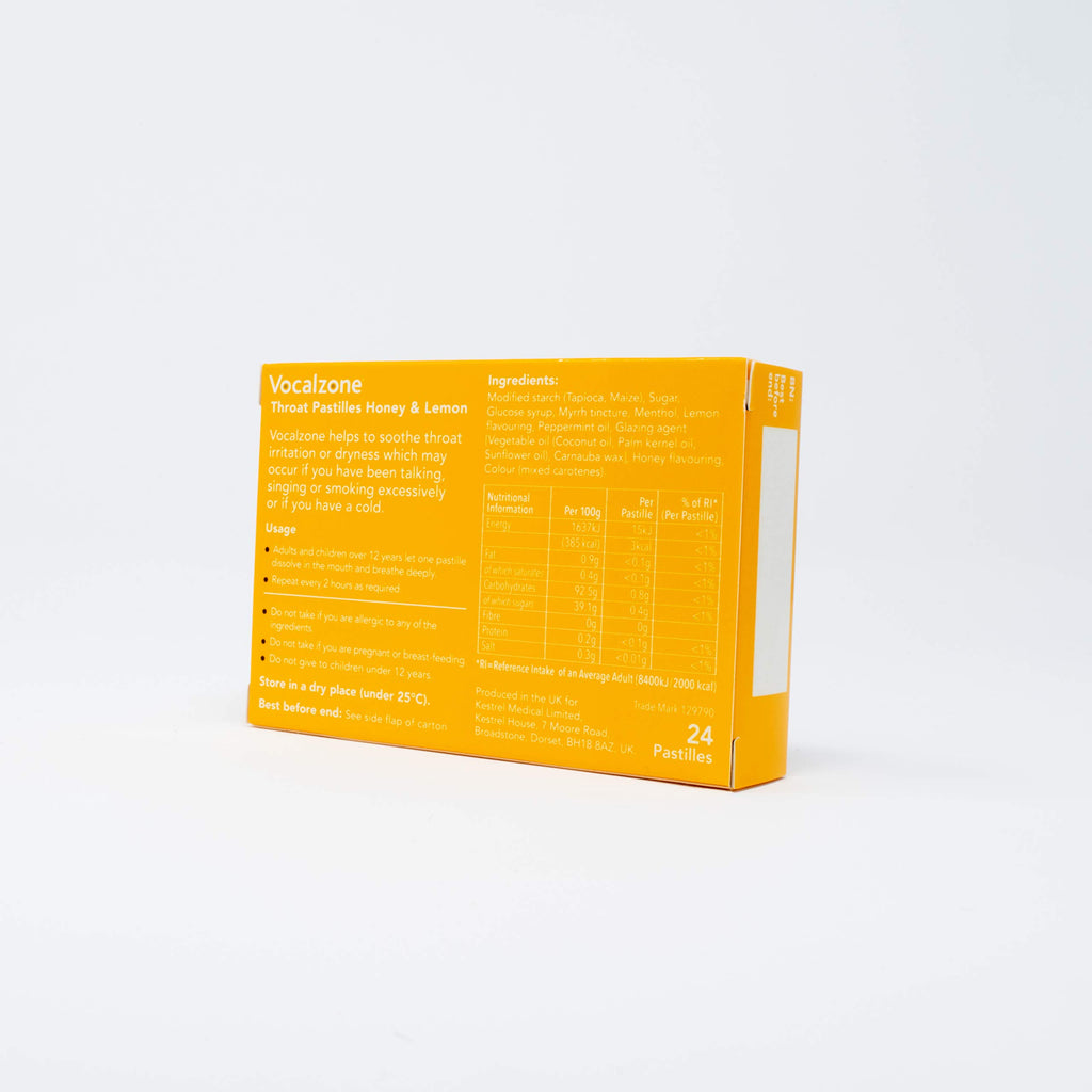 Vocalzone Throat Pastilles Honey & Lemon 24 - For Sore Throats and Hoarseness When Overusing Your Voice. Produced and sold in th