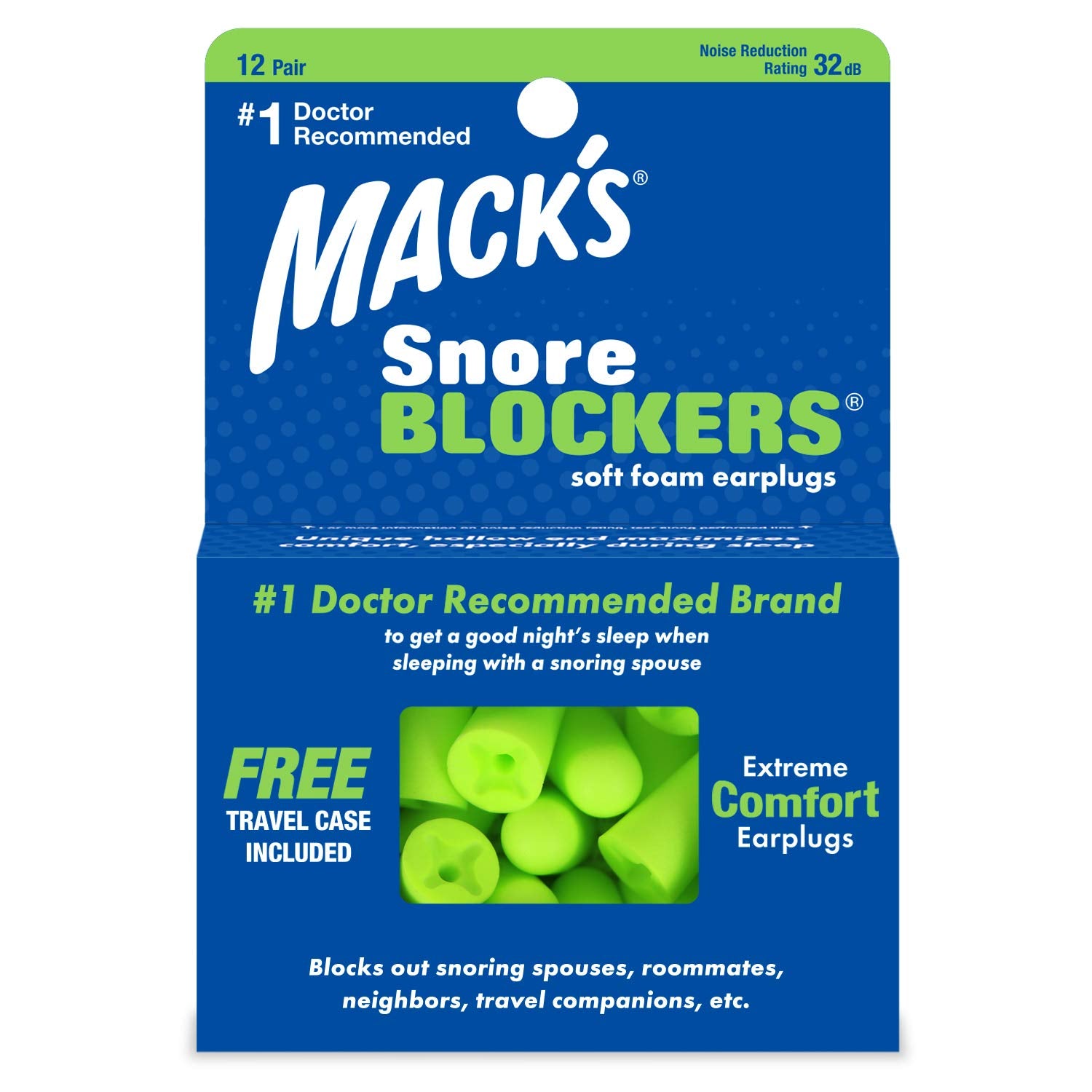 Macks Snore Blockers Soft Foam Earplugs, 12 Pair - 32 dB High NRR, 37 dB SNR - Comfortable Ear Plugs for Sleeping, Snoring, Loud