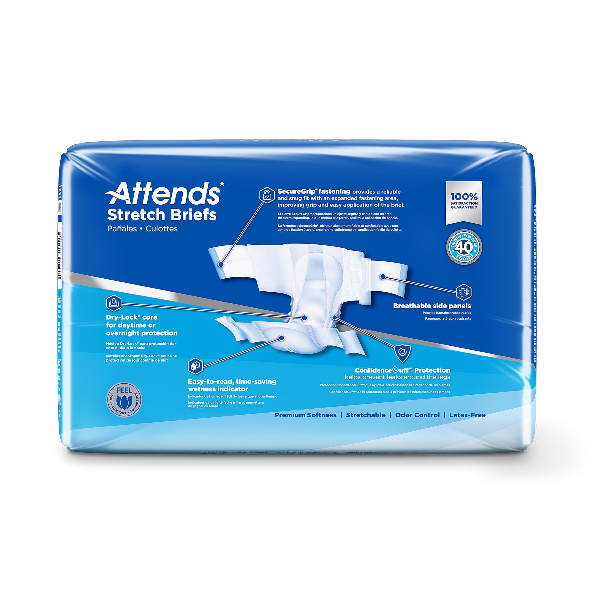 Attends Stretch Adult Disposable Briefs, Medium/Regular, 31-52 Waist with Tab Closure, Ultimate Absorbency with Dry-Lock Contain