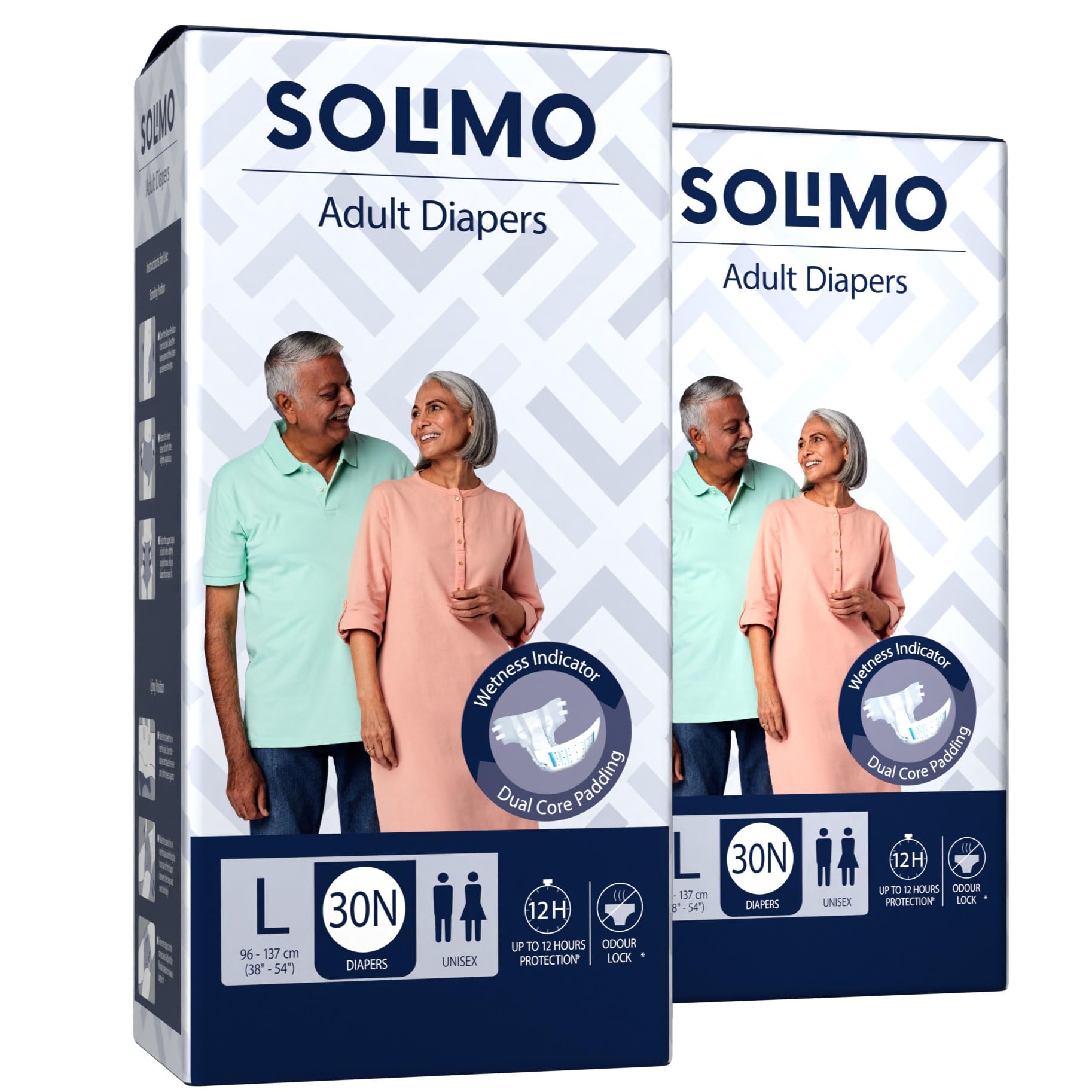Amazon Brand  Solimo Adult Diapers, Tape Style | Pack Of 60 | Large Size | Waist 3854 In (96137 Cm) | Unisex | Quick Absorpti