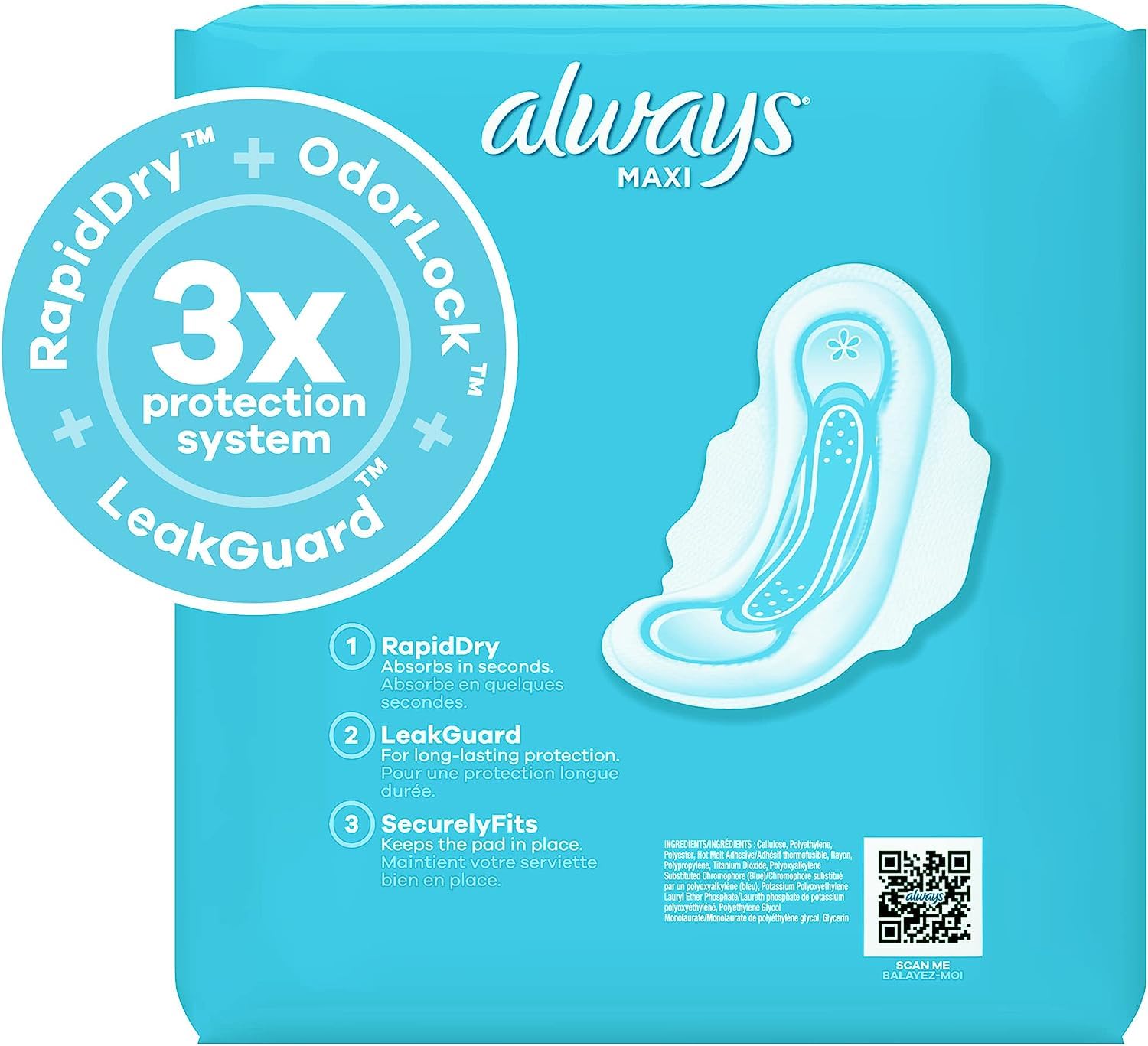 Always Maxi Feminine Pads for Women, Size 3 Extra Long Super Absorbency, with Wings, Unscented, 33 Count