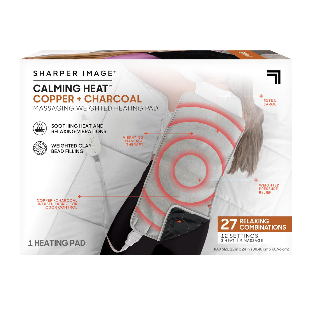 Calming Heat Copper + Charcoal Massaging Heating Pad by Sharper Image- Weighted Electric Heating Pad with Vibrations, Auto Off, 
