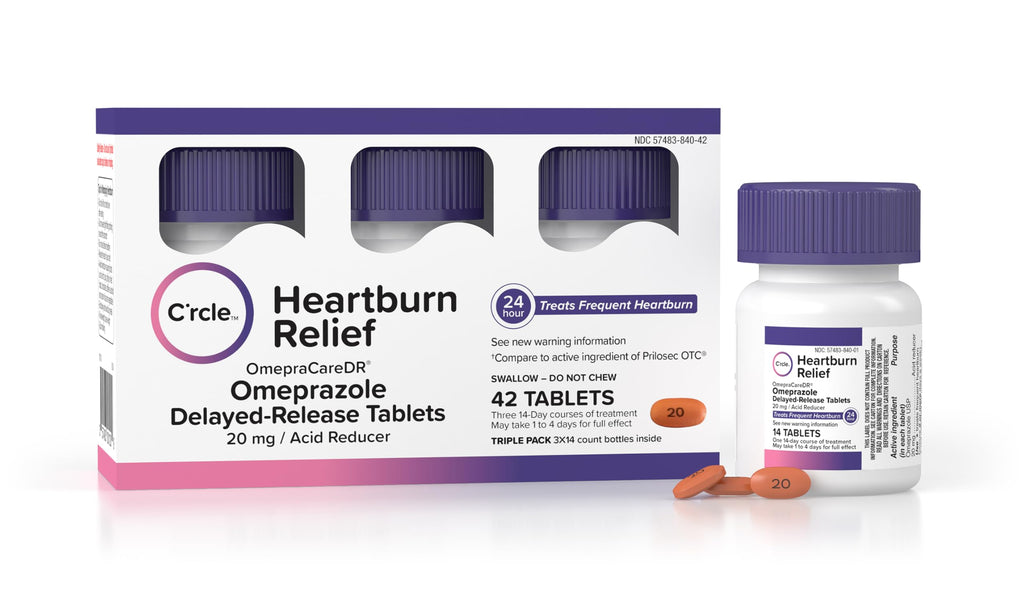 Crcle Omeprazole 20mg Tablets (42 Ct, Three 14 Day Courses) Delayed-Release Heartburn Medicine - Daily Use Acid Reducer for Freq