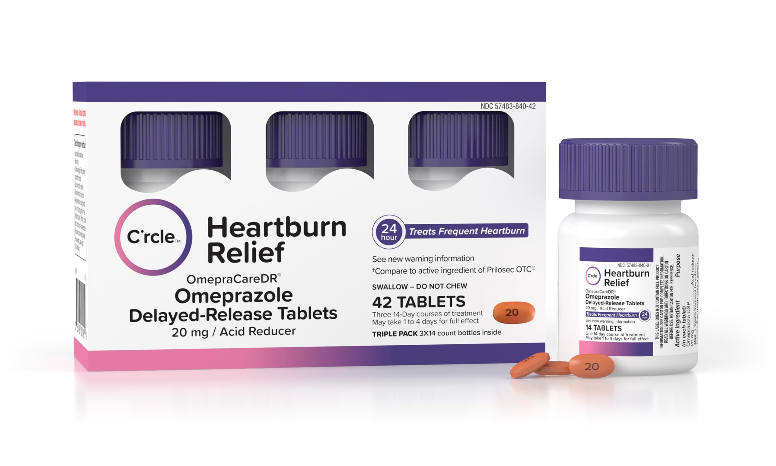 Crcle Omeprazole 20mg Tablets (42 Ct, Three 14 Day Courses) Delayed-Release Heartburn Medicine - Daily Use Acid Reducer for Freq