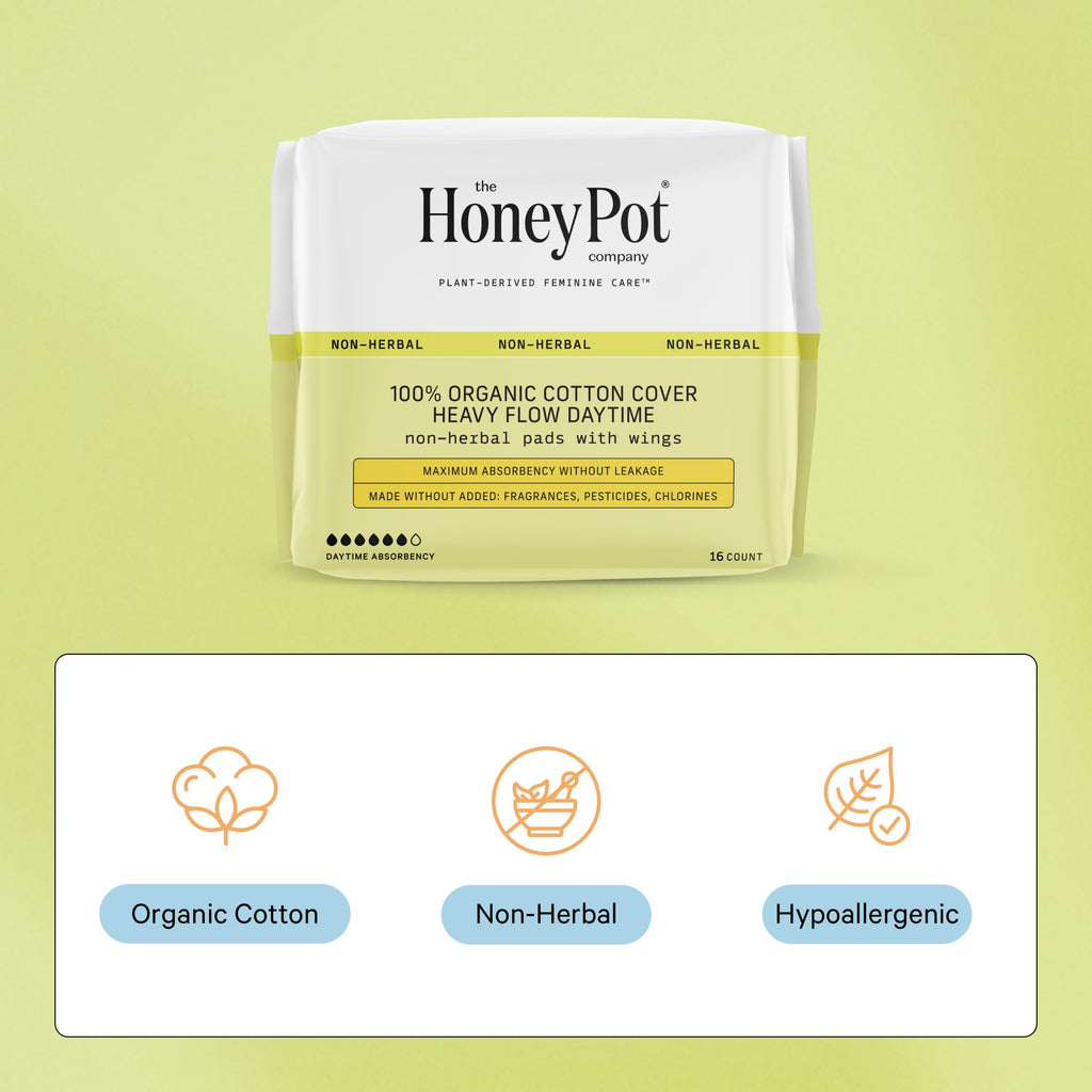 The Honey Pot Company - 64ct - Pads for Women - Non-Herbal Heavy Flow Daytime Pads w/Wings - Organic Cotton Cover & Ultra-Absorb