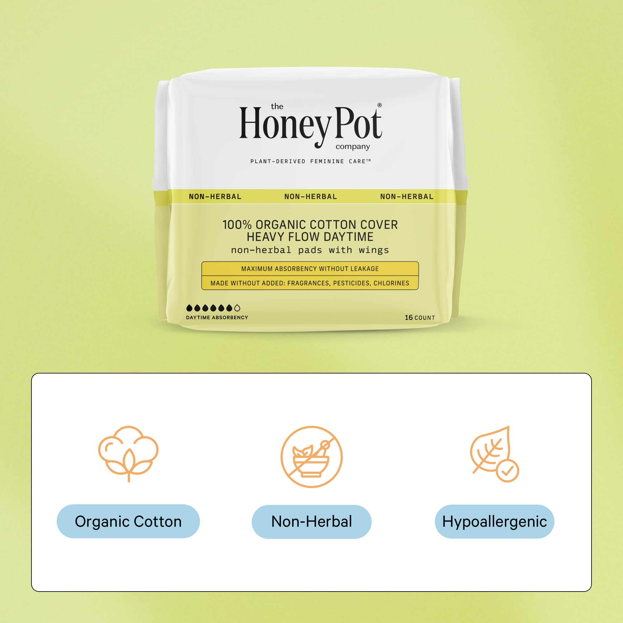 The Honey Pot Company - 64ct - Pads for Women - Non-Herbal Heavy Flow Daytime Pads w/Wings - Organic Cotton Cover & Ultra-Absorb