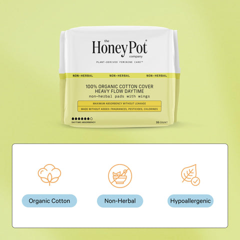 The Honey Pot Company - 64ct - Pads for Women - Non-Herbal Heavy Flow Daytime Pads w/Wings - Organic Cotton Cover & Ultra-Absorb