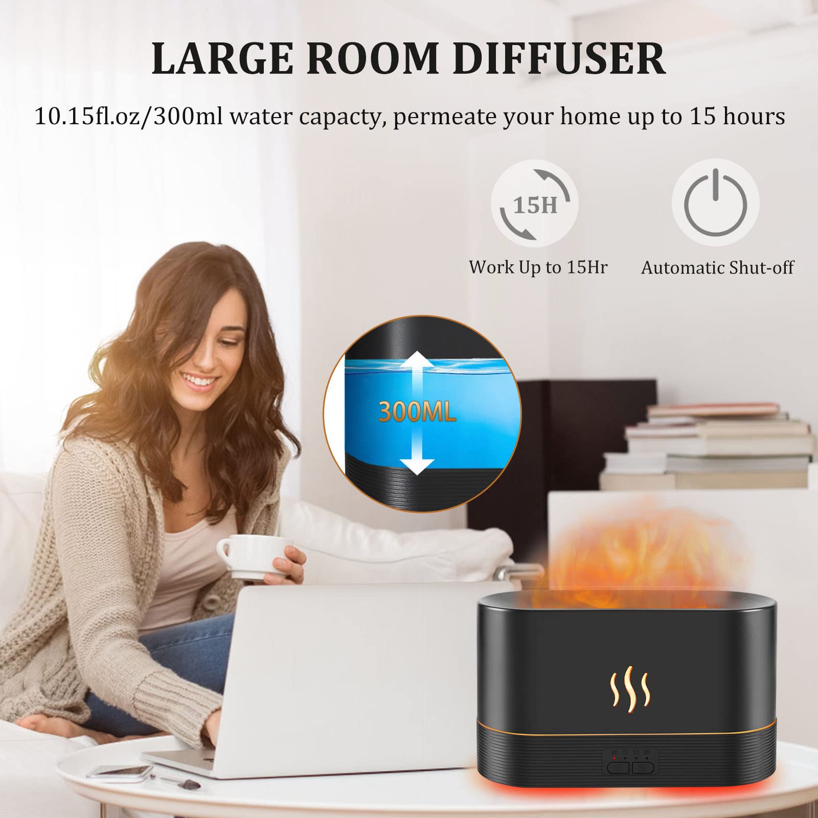 PLUWEL Colorful Flame Diffusers for Essential Oils Large Room-Upgraded 300ML Aroma Diffuser Humidifier Quiet Diffuser with Remot