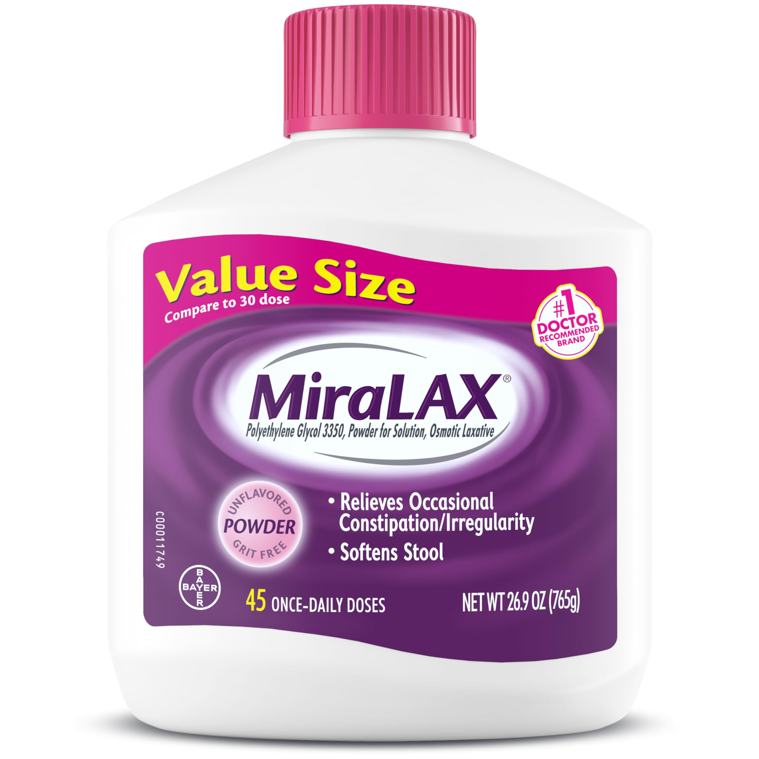 MiraLAX Gentle Constipation Relief Laxative Powder, Stool Softener with PEG 3350, Works Naturally with Water in Your Body, No Ha