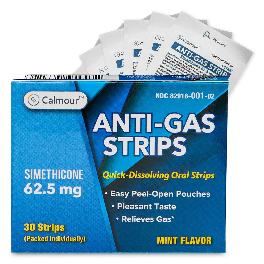 CALMOUR Anti Gas Relief 30 Strips | Mint Flavor Oral Dissolvable Anti Bloating Relief Strips | Rapid Gas Relief for Adults | Eff