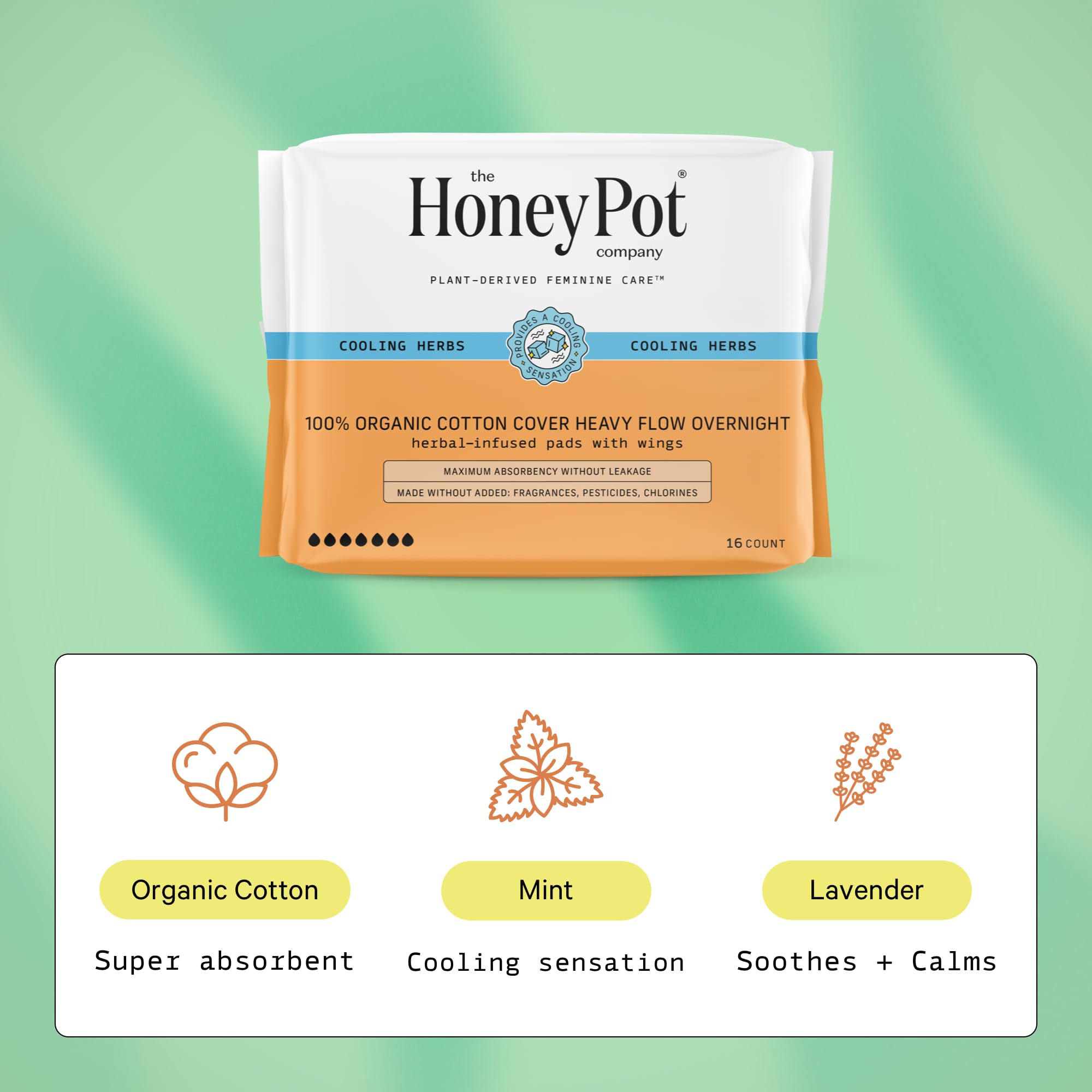 The Honey Pot Company - Herbal Sanitary Pads for Women - Heavy Flow Overnight w/Wings - Infused w/Essential Oils for Cooling Eff